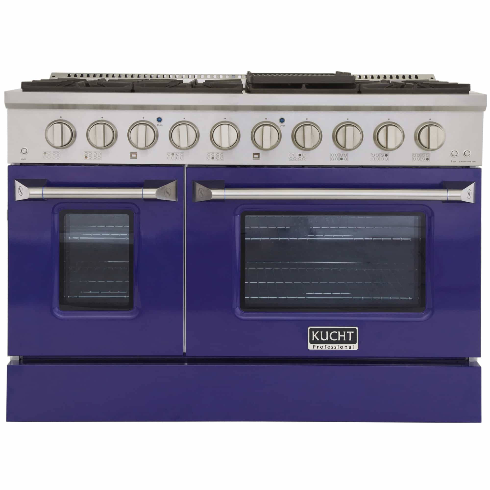 Kucht dual fuel range with stainless top, blue oven doors, and front control knobs