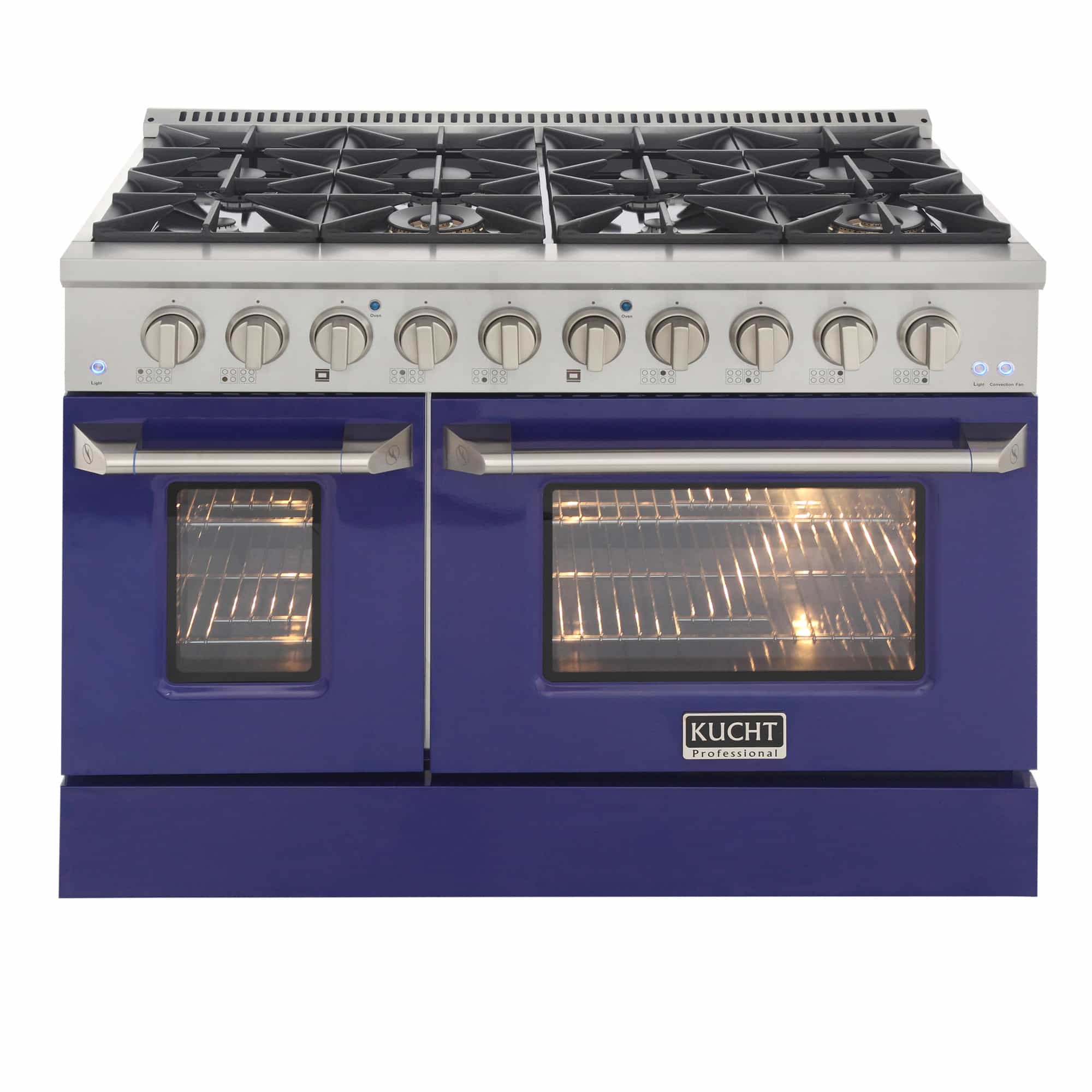 Kucht dual fuel range front with blue doors and illuminated oven interiors