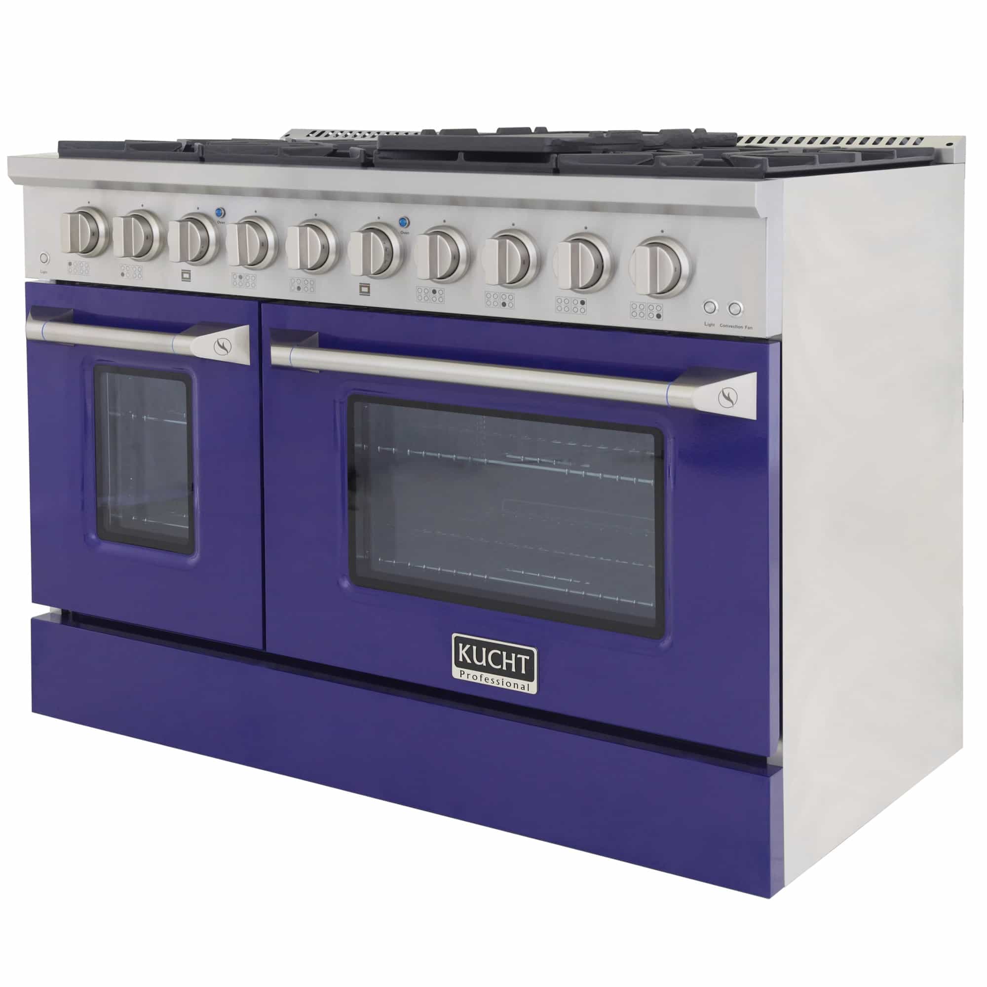Kucht dual fuel range side-front view with stainless control panel and blue oven doors