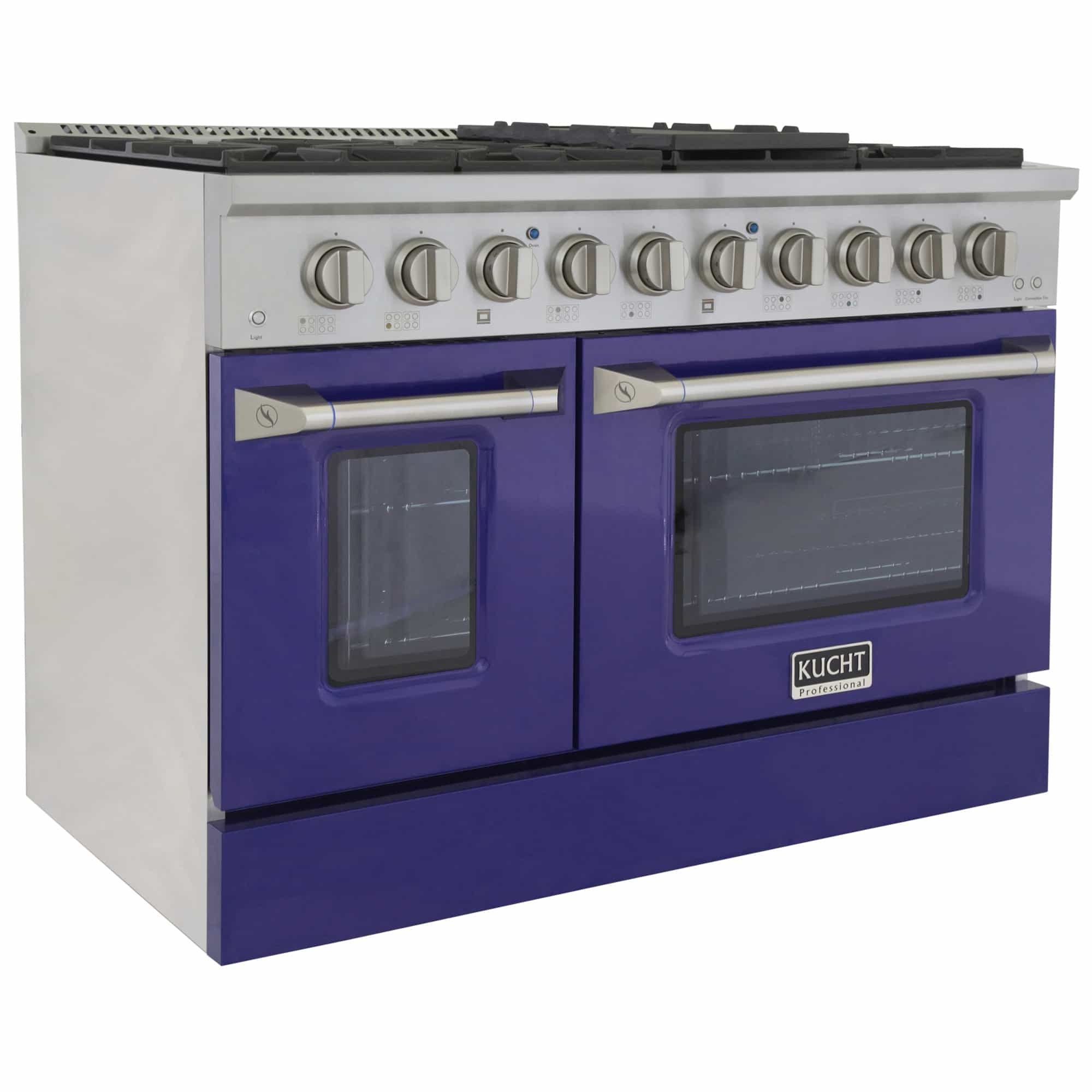 Kucht dual fuel range front view with stainless knobs and blue oven door panels