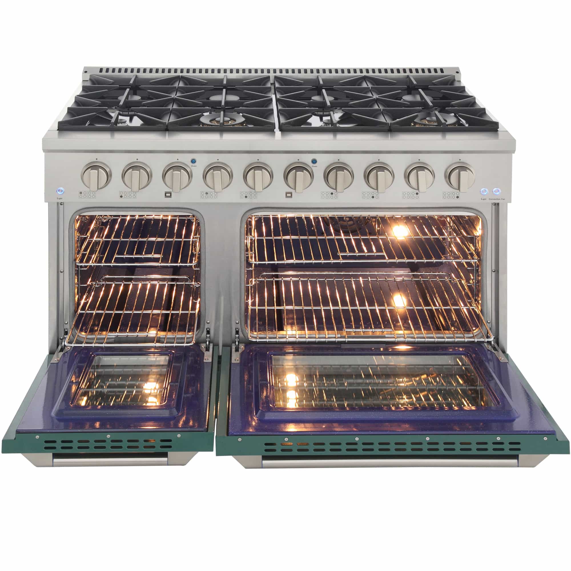 Open double ovens with lit racks and stainless control panel on the range