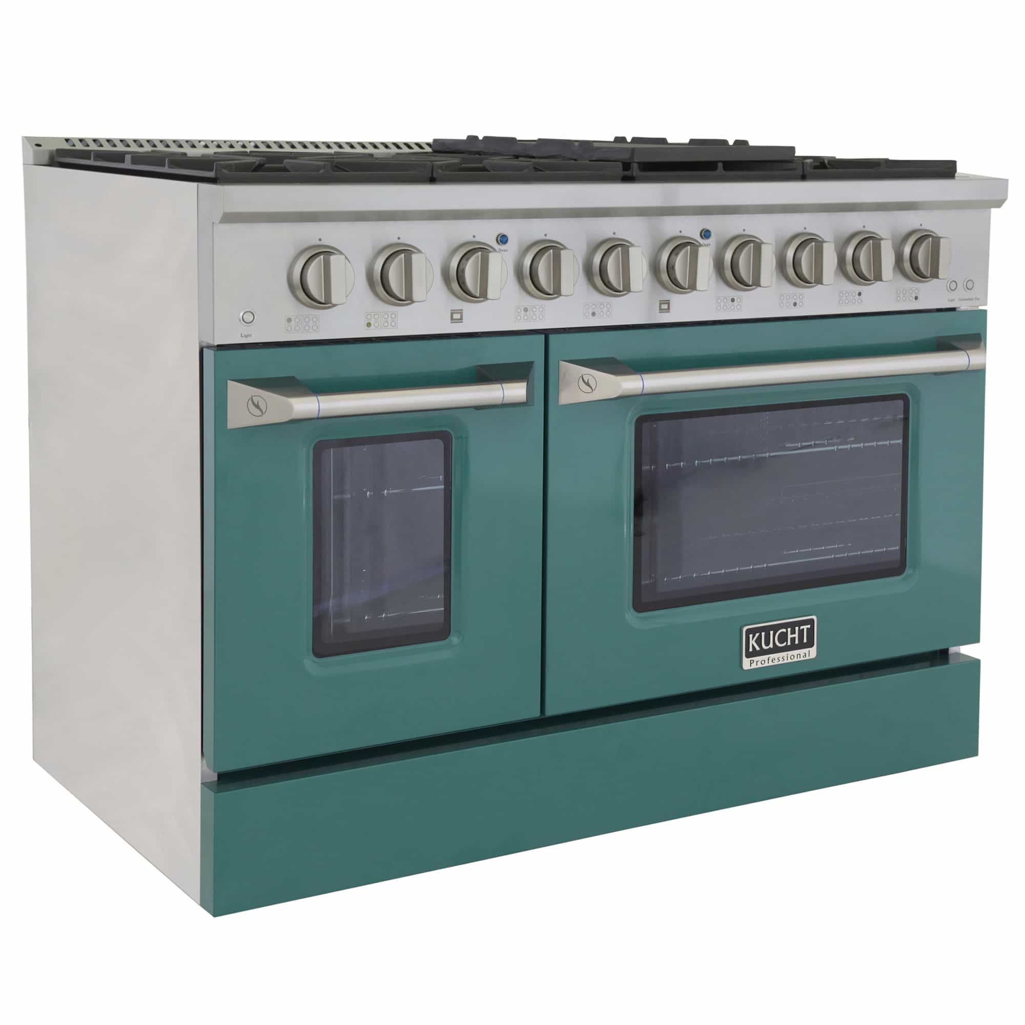 White and green range front with two oven windows and control knobs