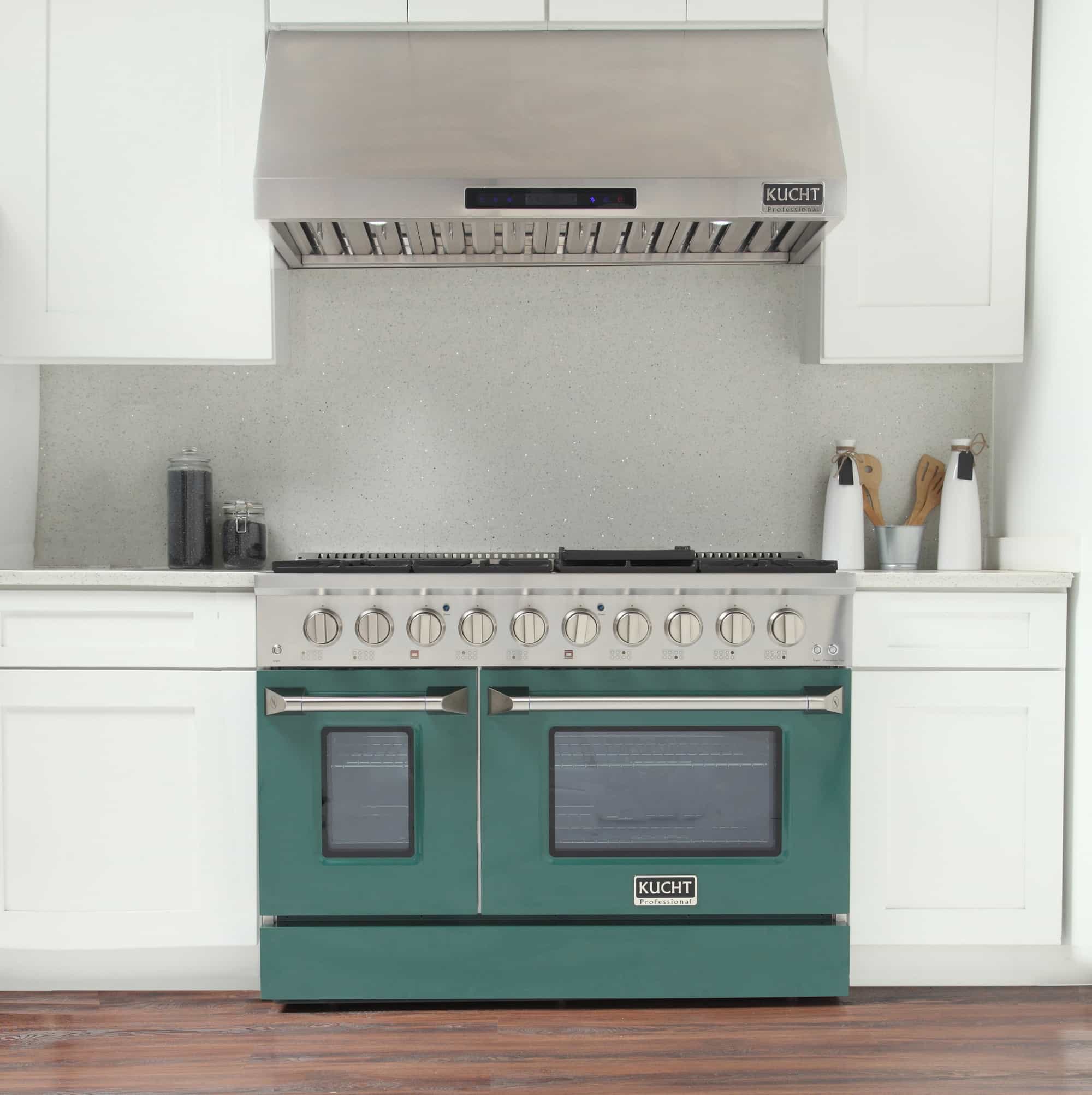 Pro-style stainless and green dual fuel range with double ovens and gas burners