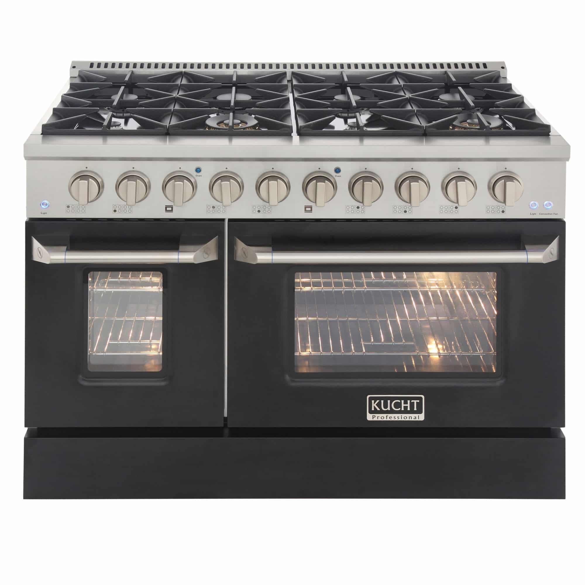 Stainless steel dual fuel range with lit oven interiors and control knobs
