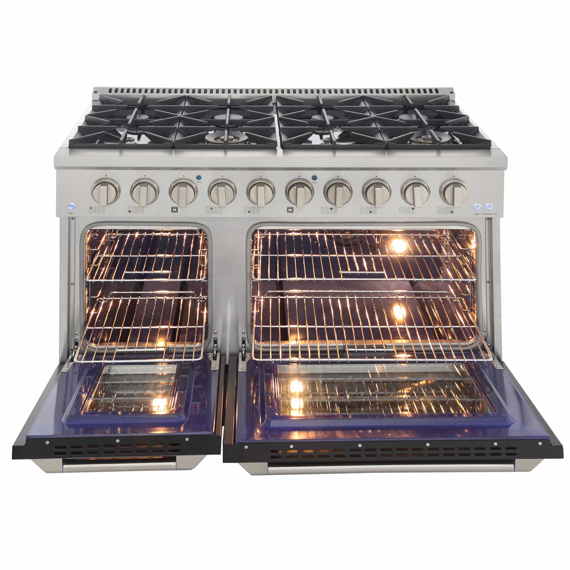 Stainless steel dual fuel range with both ovens open and interior lights on