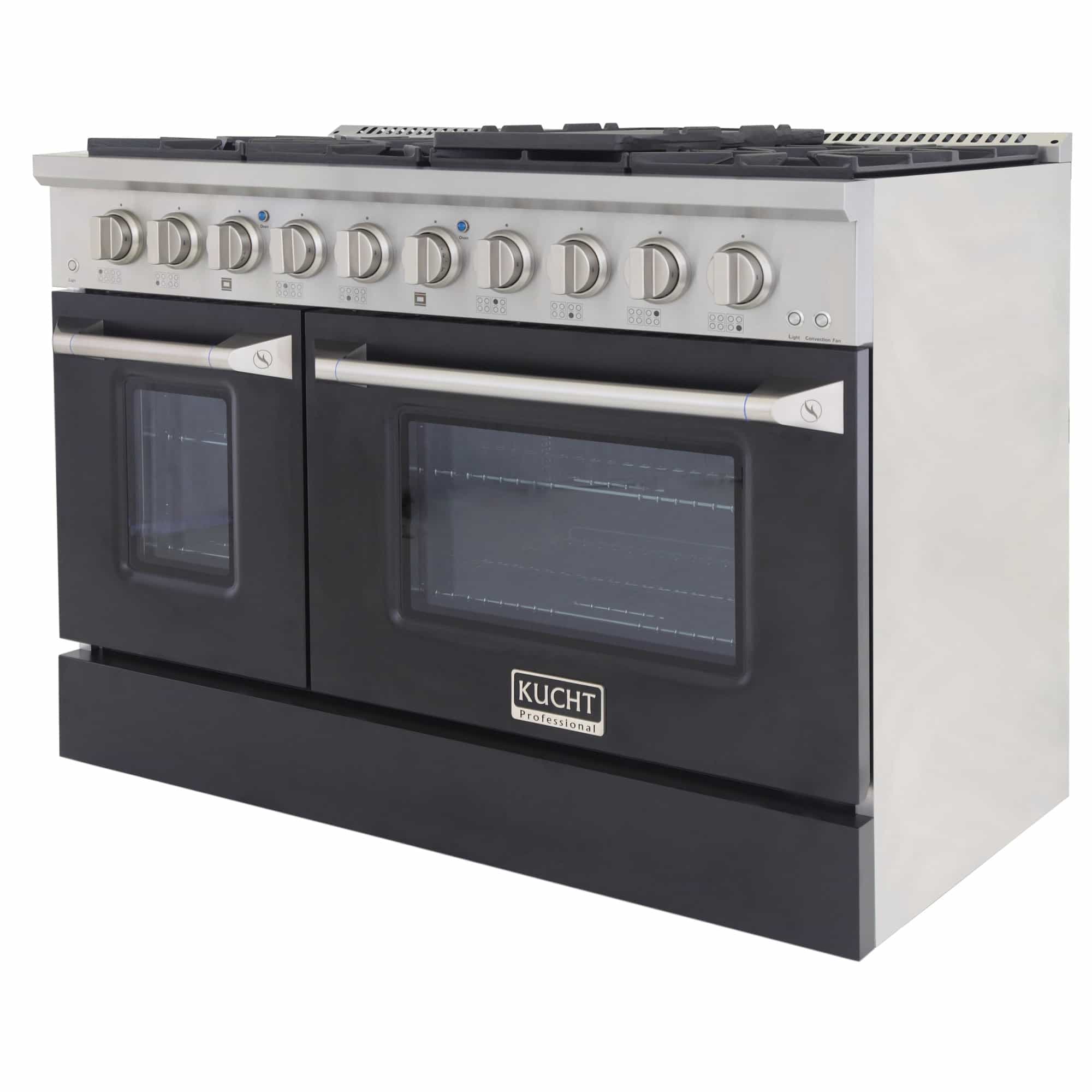 Stainless steel dual fuel range with black oven doors and control knob row