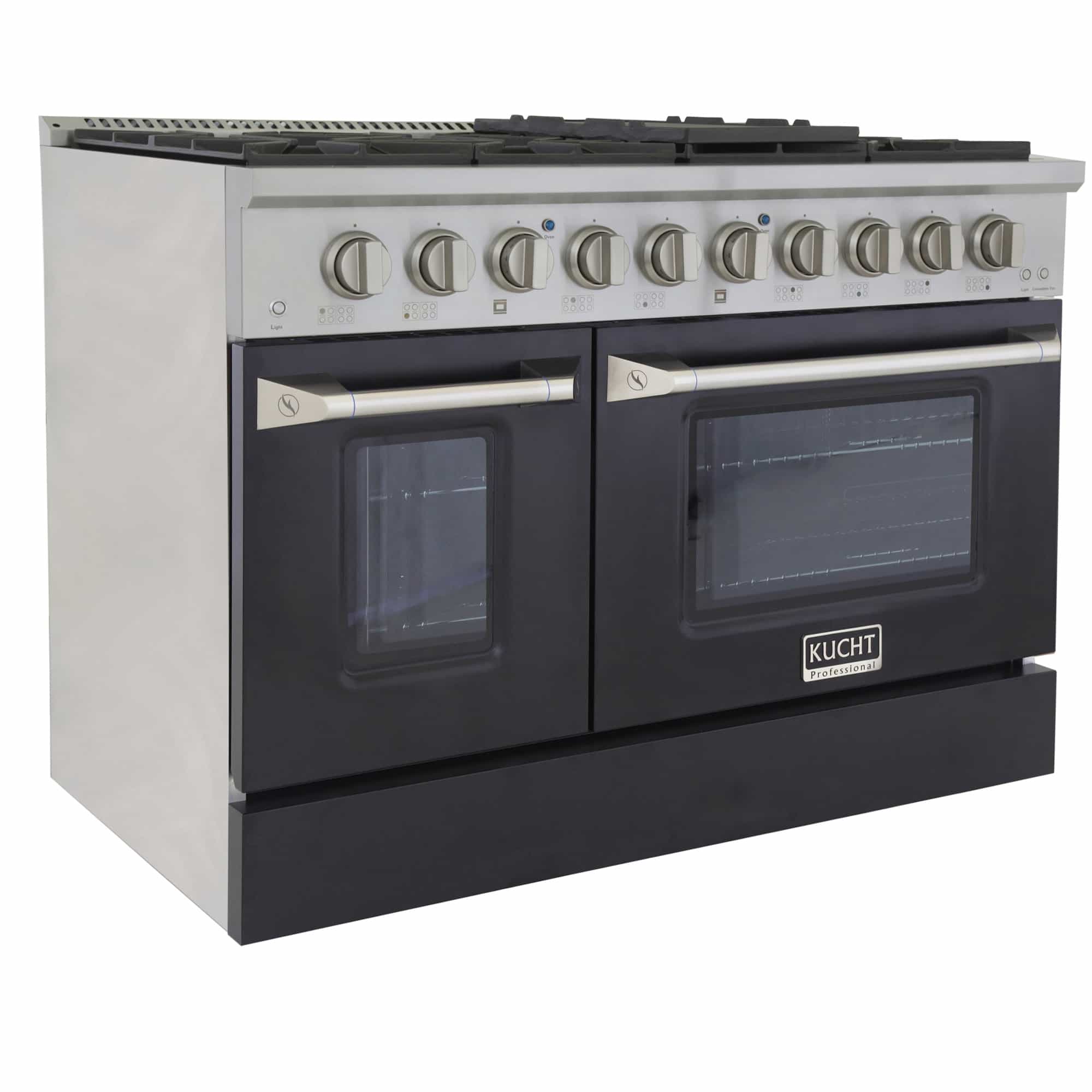 Stainless steel dual fuel range with glass windows on black oven doors and knobs