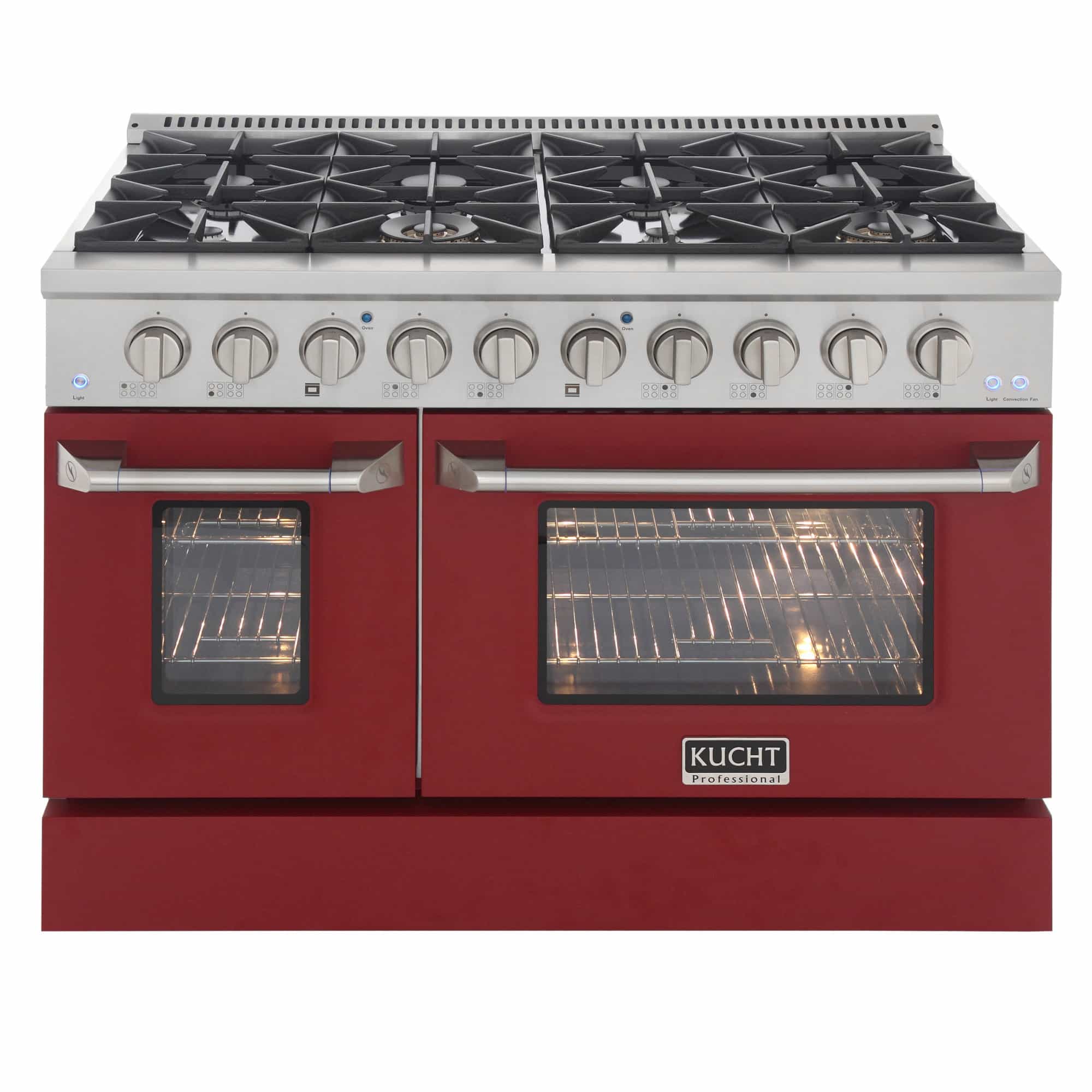 Dual fuel range with red oven doors, stainless control panel, and two oven windows