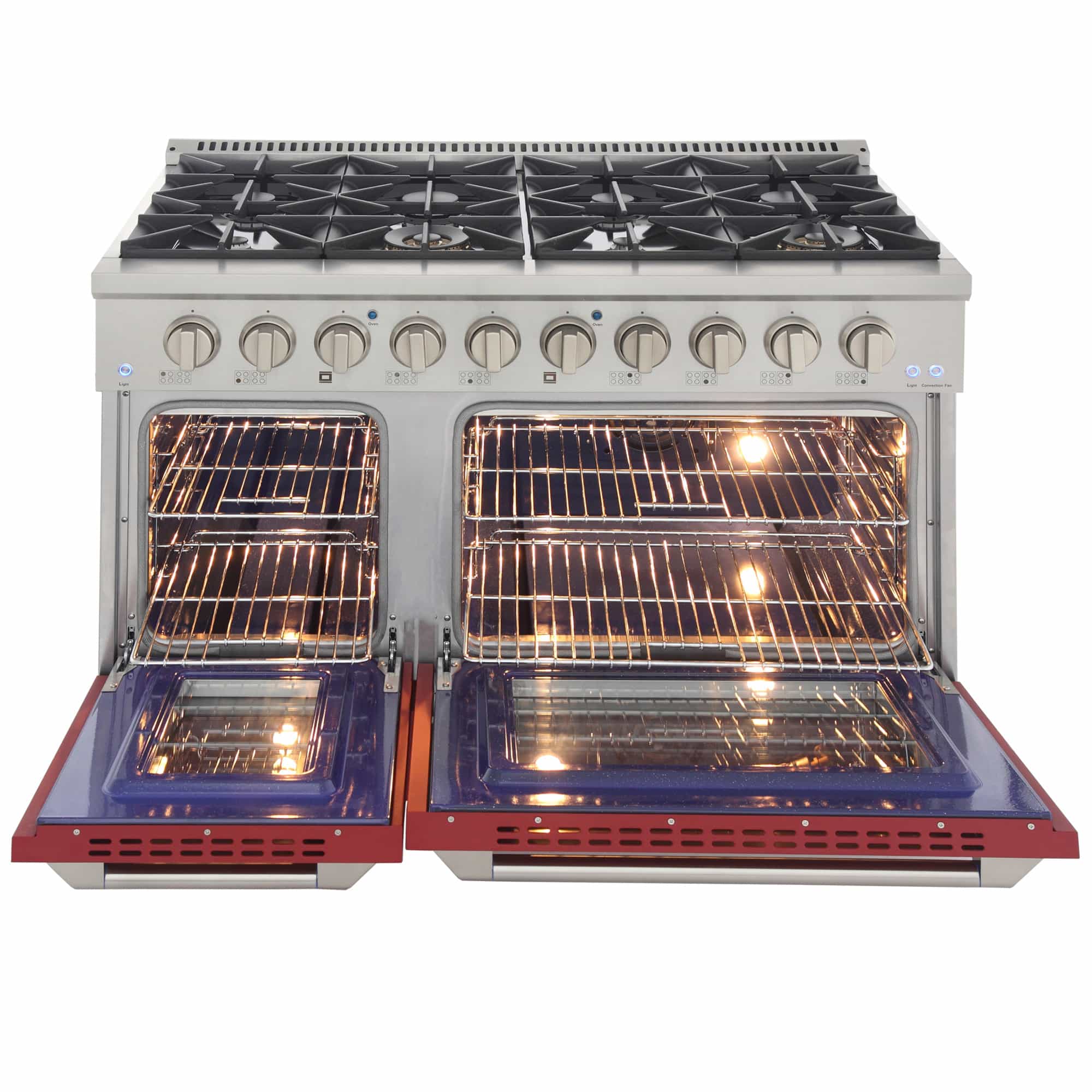 Dual fuel range with both oven doors open, showing interior racks and oven lights