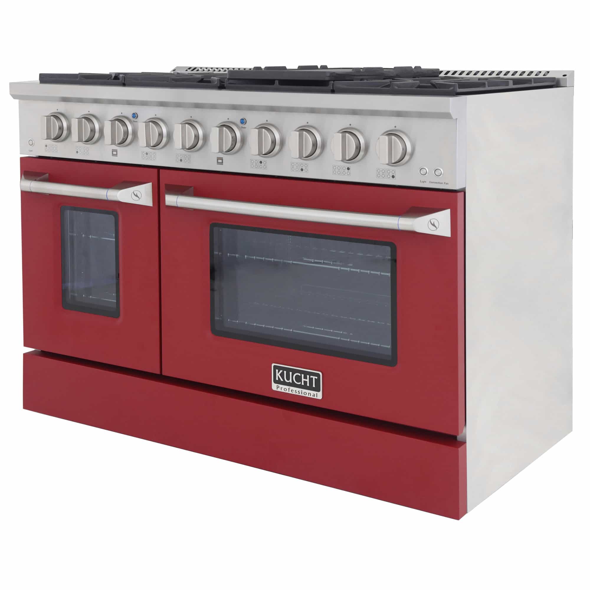 Dual fuel range with red oven doors, stainless control panel, and burner control knobs