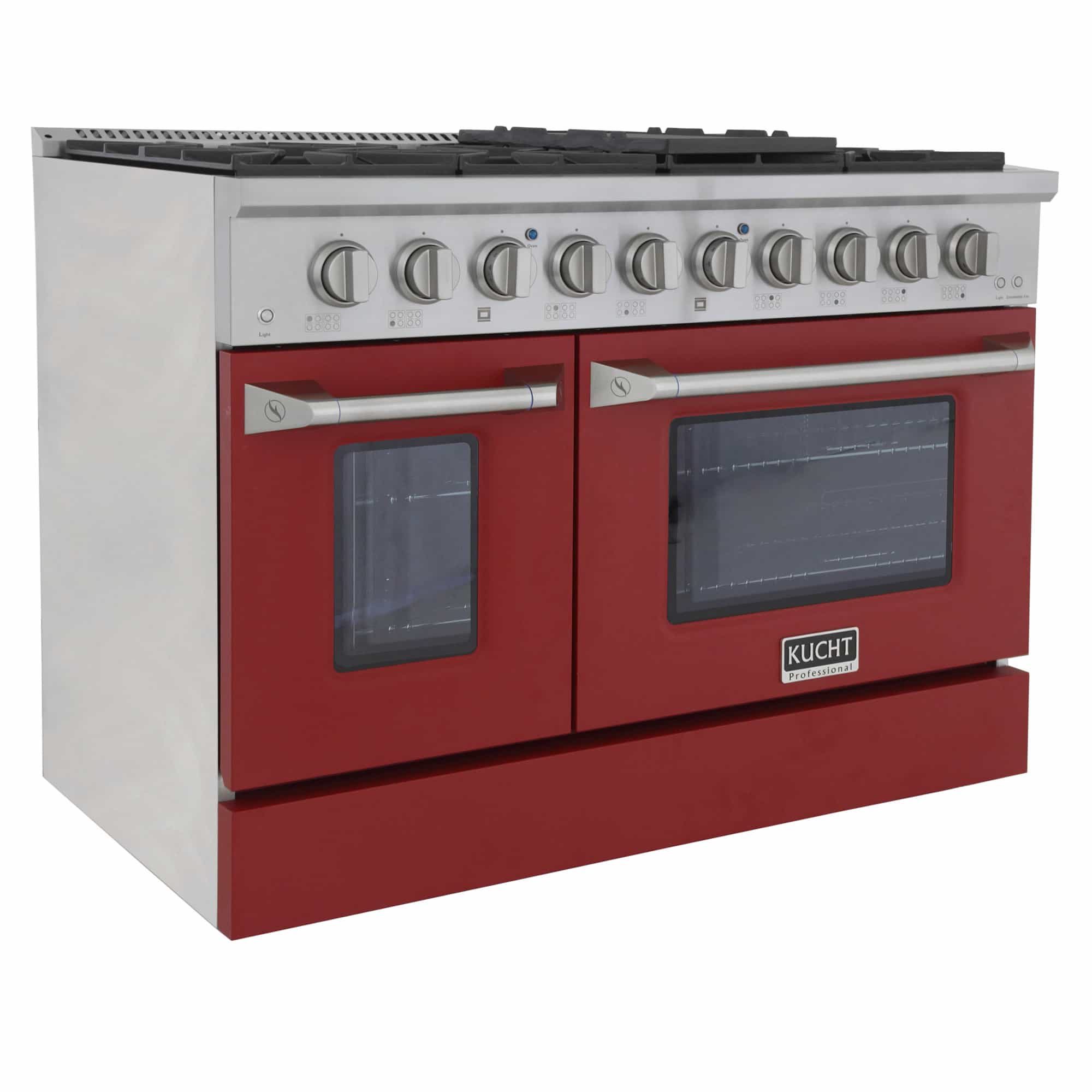 Stainless steel dual fuel range with red oven doors and burner grates on top