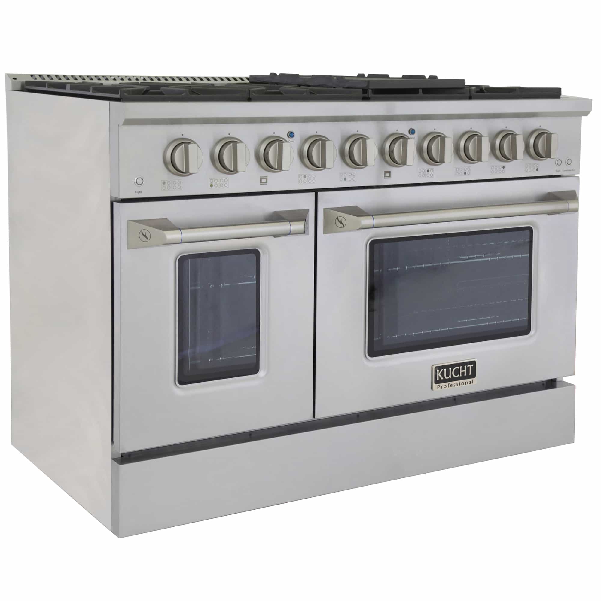 Side view of stainless dual oven range with control knobs and two oven windows