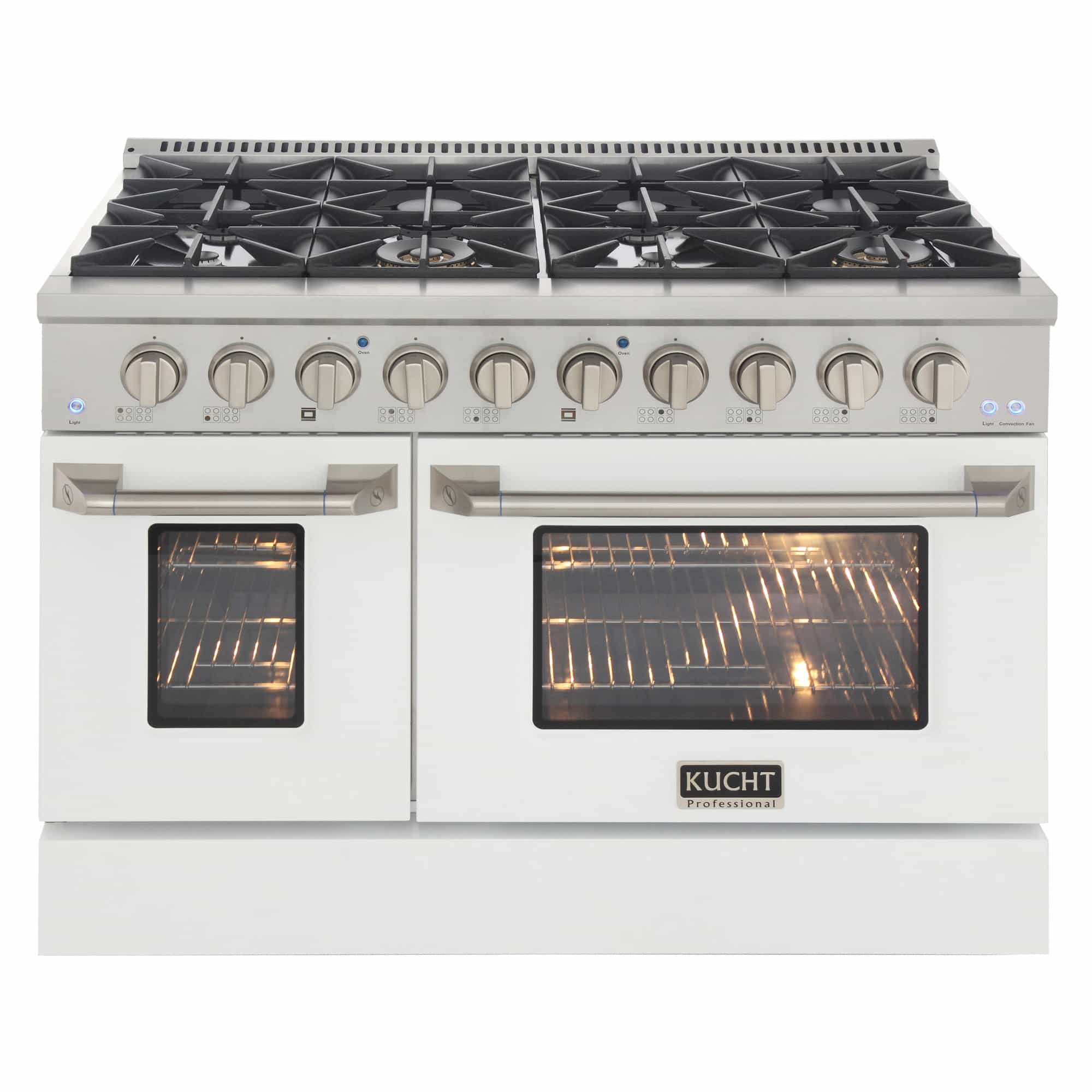 Stainless dual fuel range with burner grates, white doors, and two glass oven windows