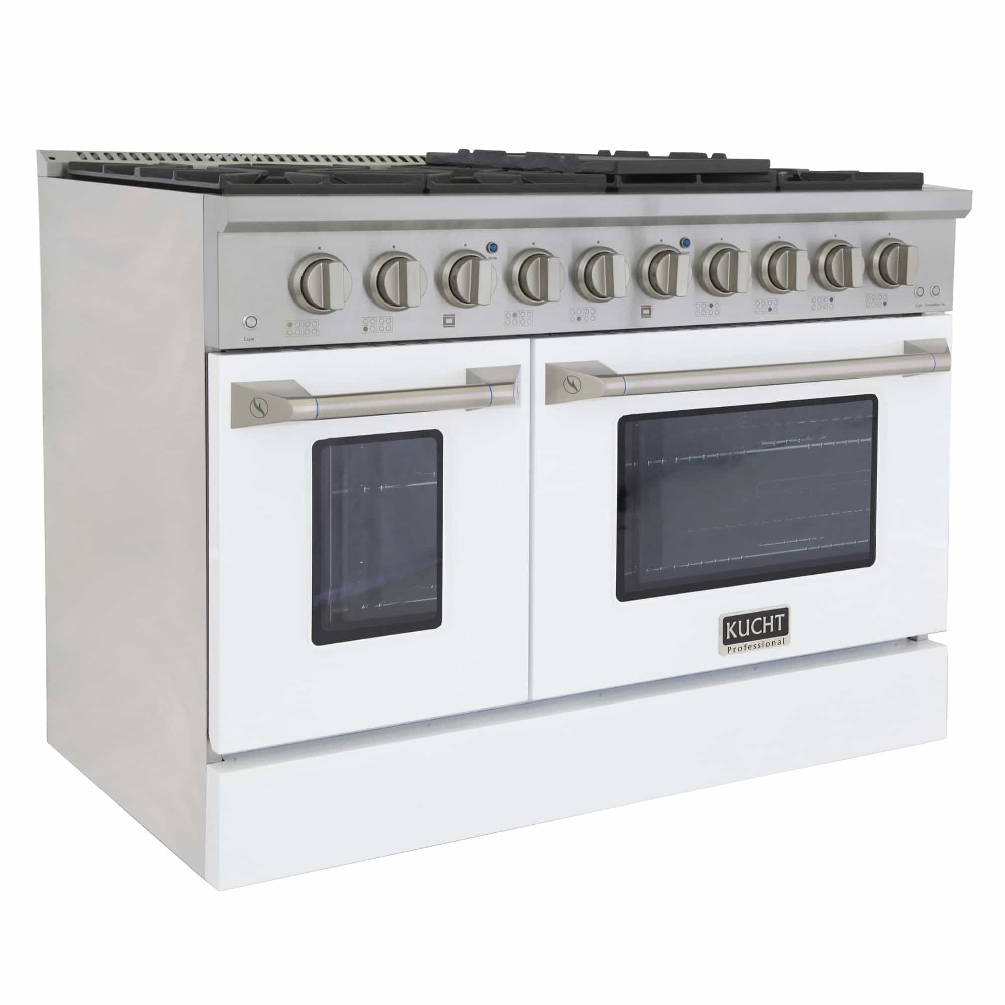 Stainless steel dual fuel range with white oven doors and front control knobs