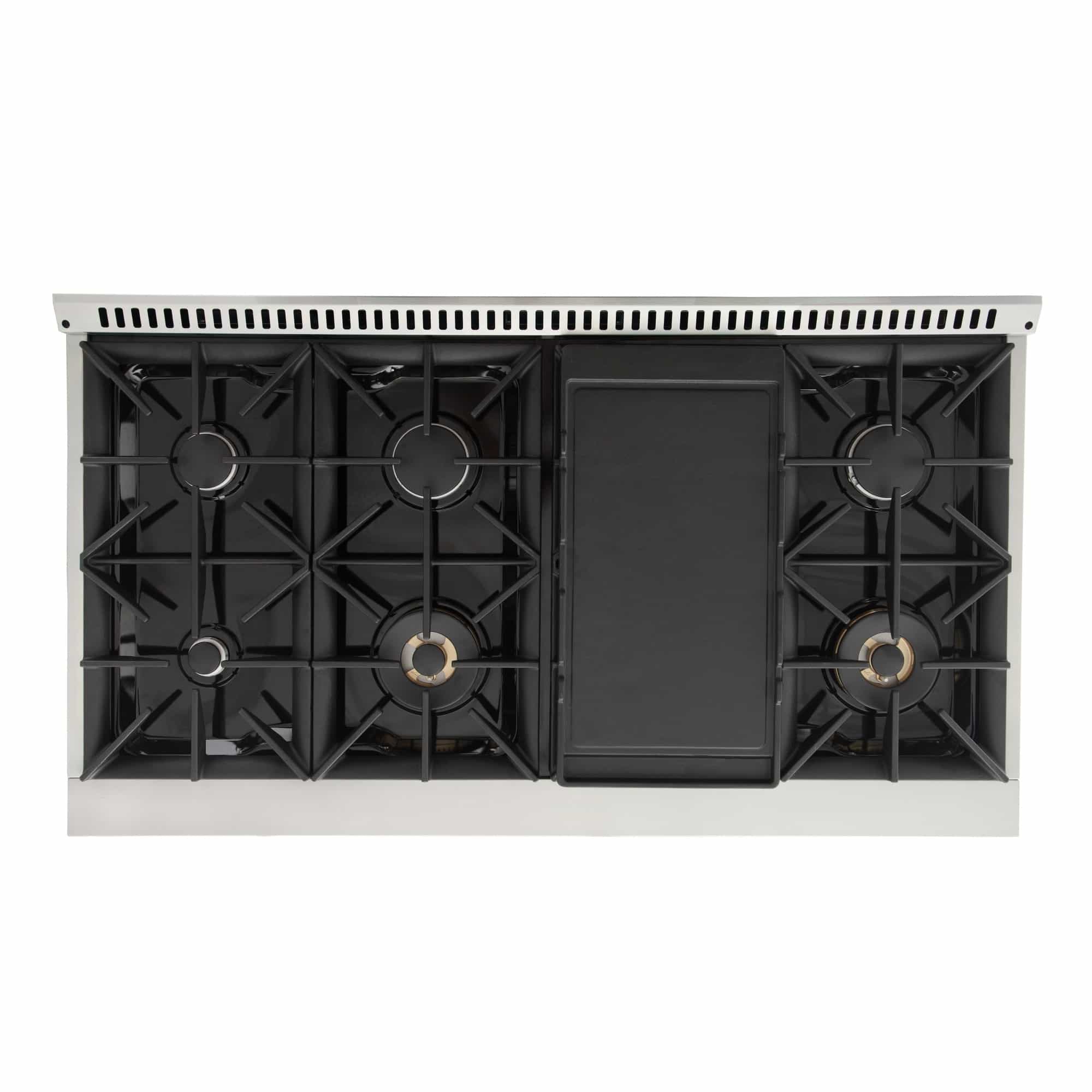 Stainless steel dual fuel range with black oven door and four gas burners