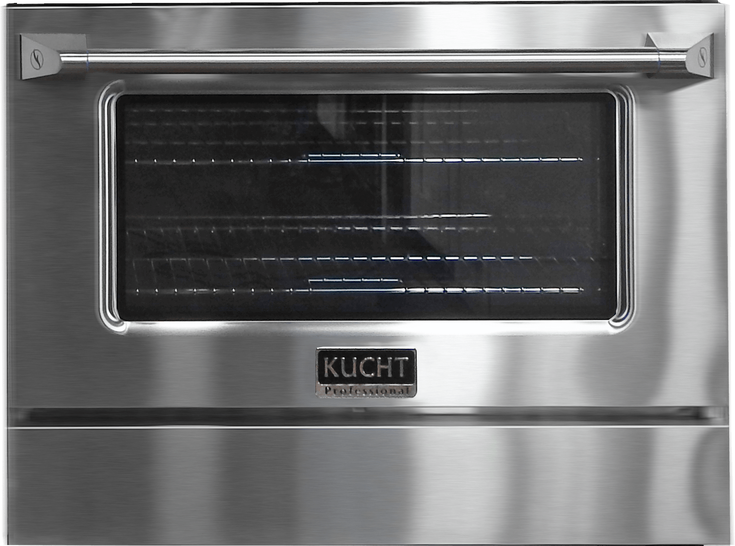 Stainless steel oven door window with Kucht logo and horizontal heating elements
