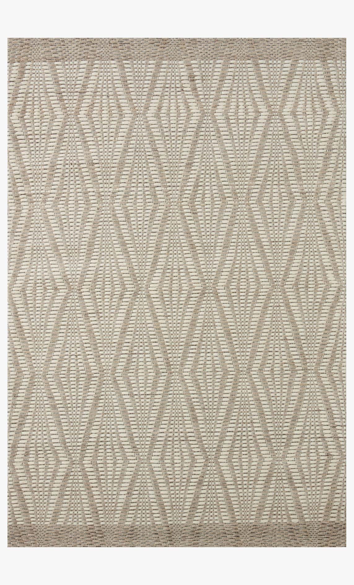 Hand-woven rug with ivory base and taupe lattice geometric pattern, flat weave.