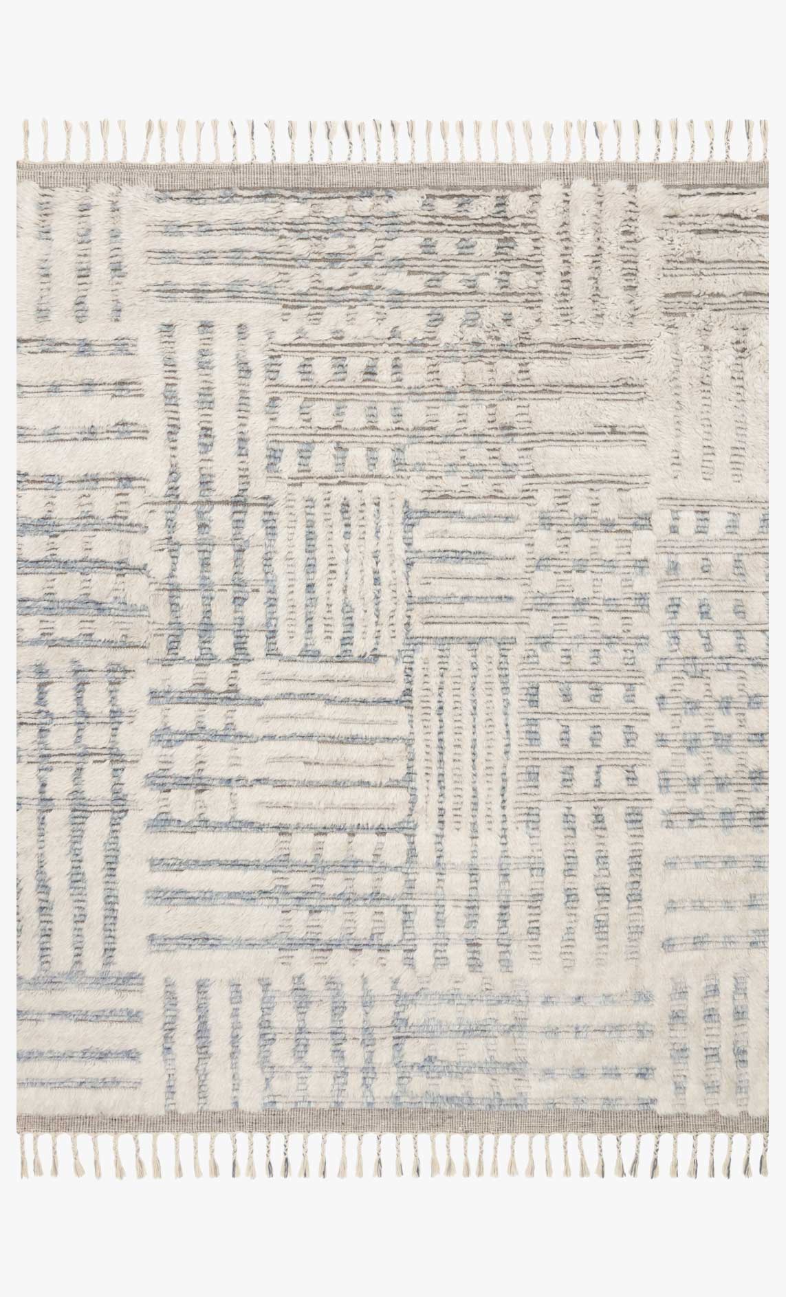 Ivory and sky hand-knotted area rug with geometric pattern and thin border fringe