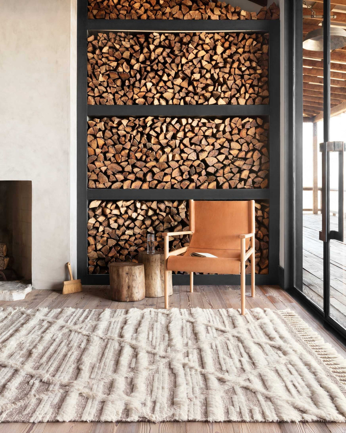 Ivory and taupe rug with linear geometric pattern and short fringe edge