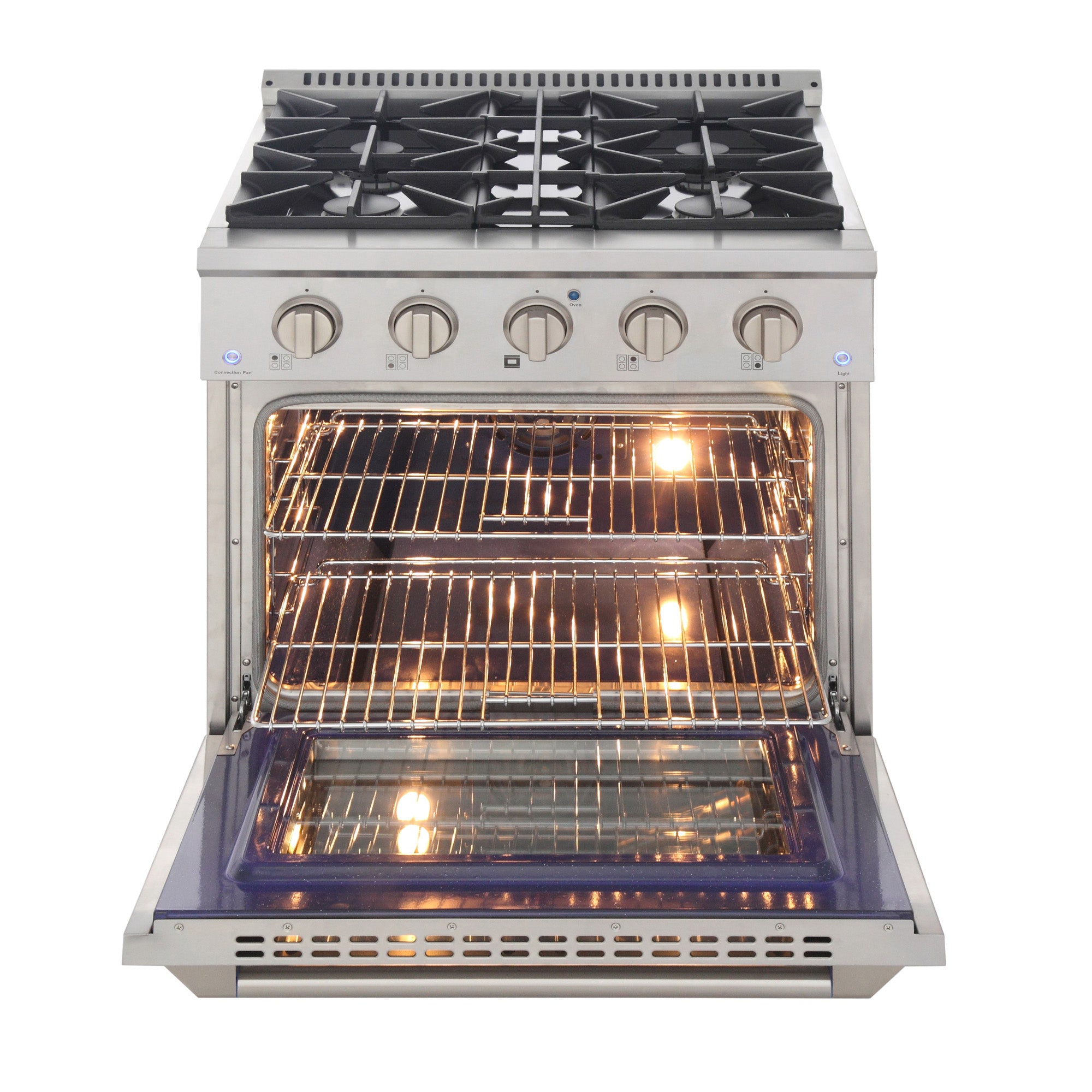 Stainless steel dual fuel range with five gas burners and open lit oven