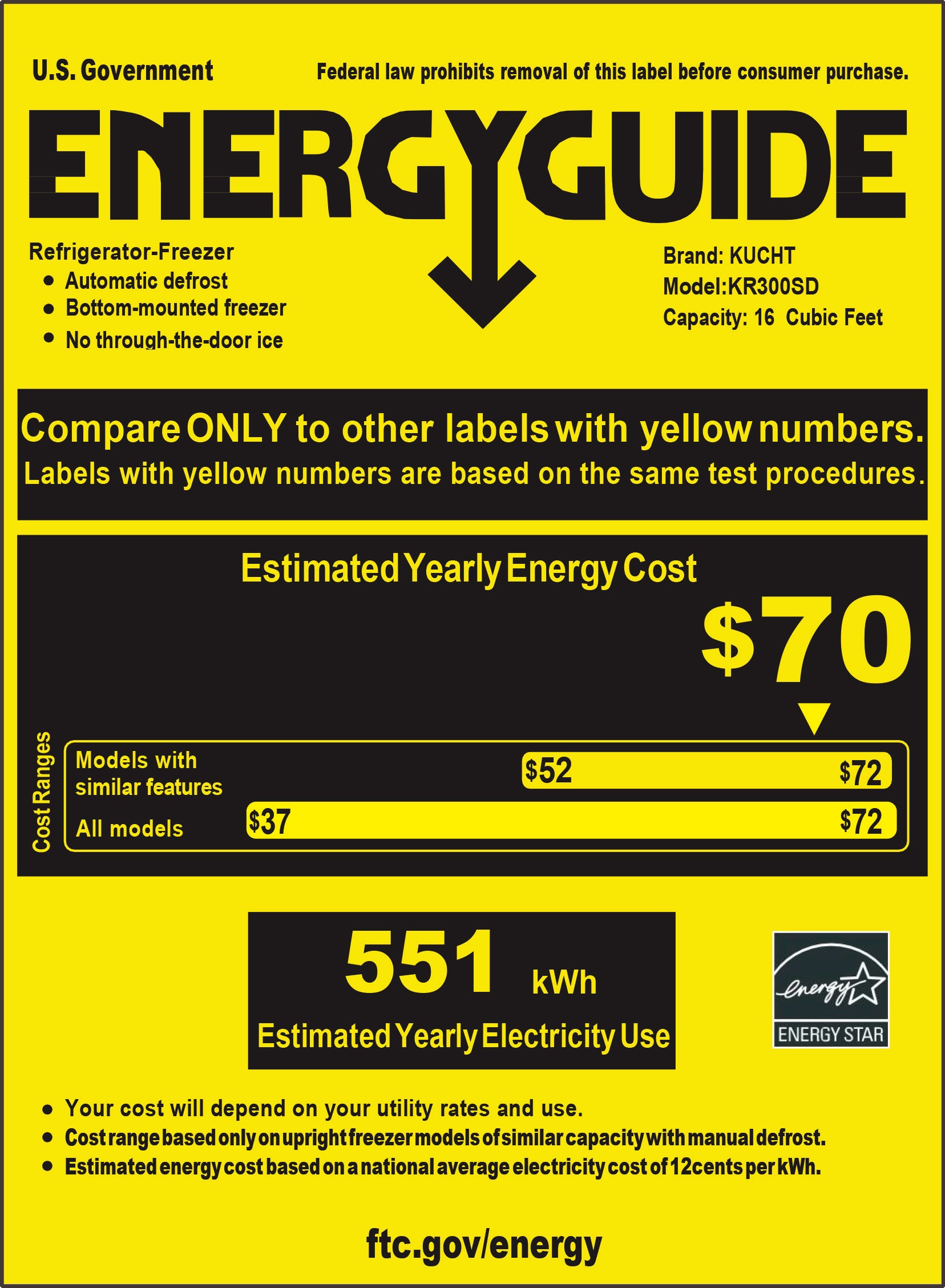 EnergyGuide label for Kucht refrigerator-freezer, bottom freezer, estimated yearly cost $70.