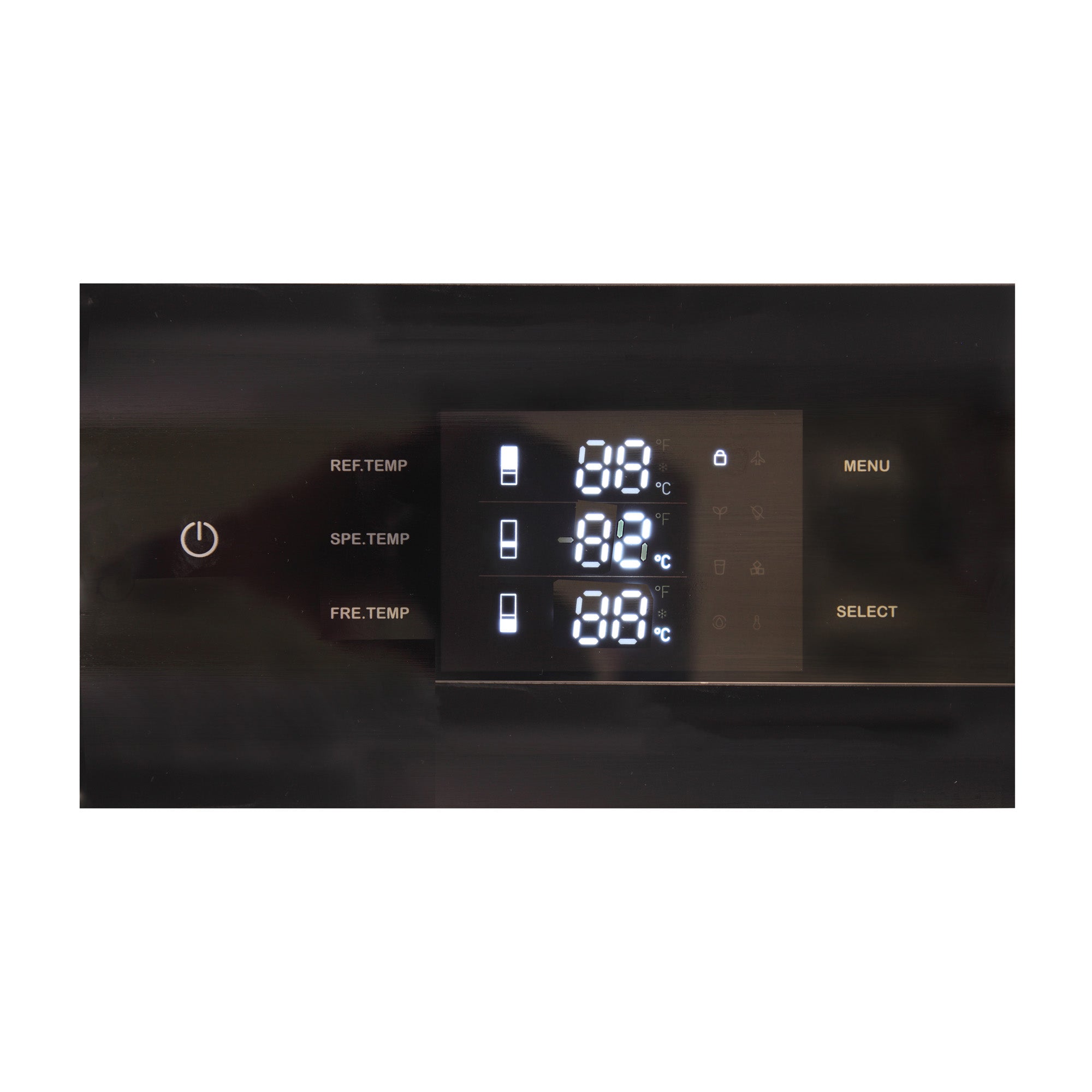Built-in refrigerator control panel with digital temperature display and menu buttons