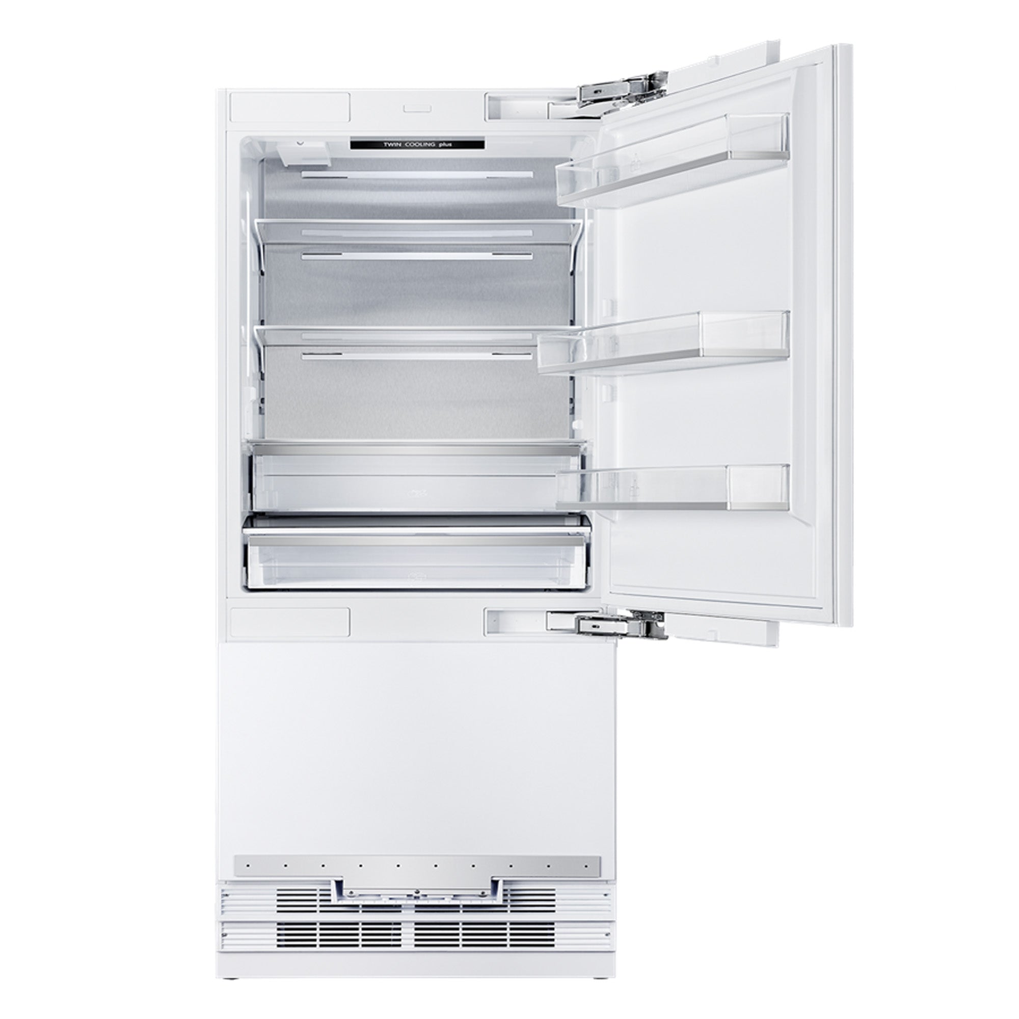 Built-in refrigerator with open door showing refrigerator shelves and freezer drawer
