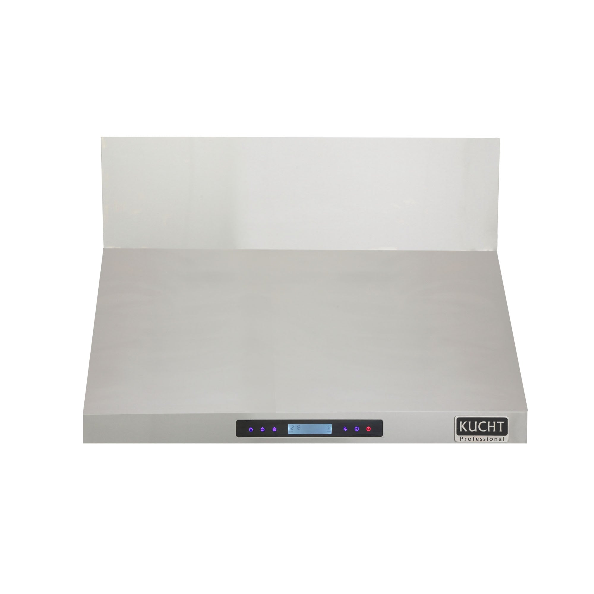Stainless steel wall range hood with front control bar and LED display