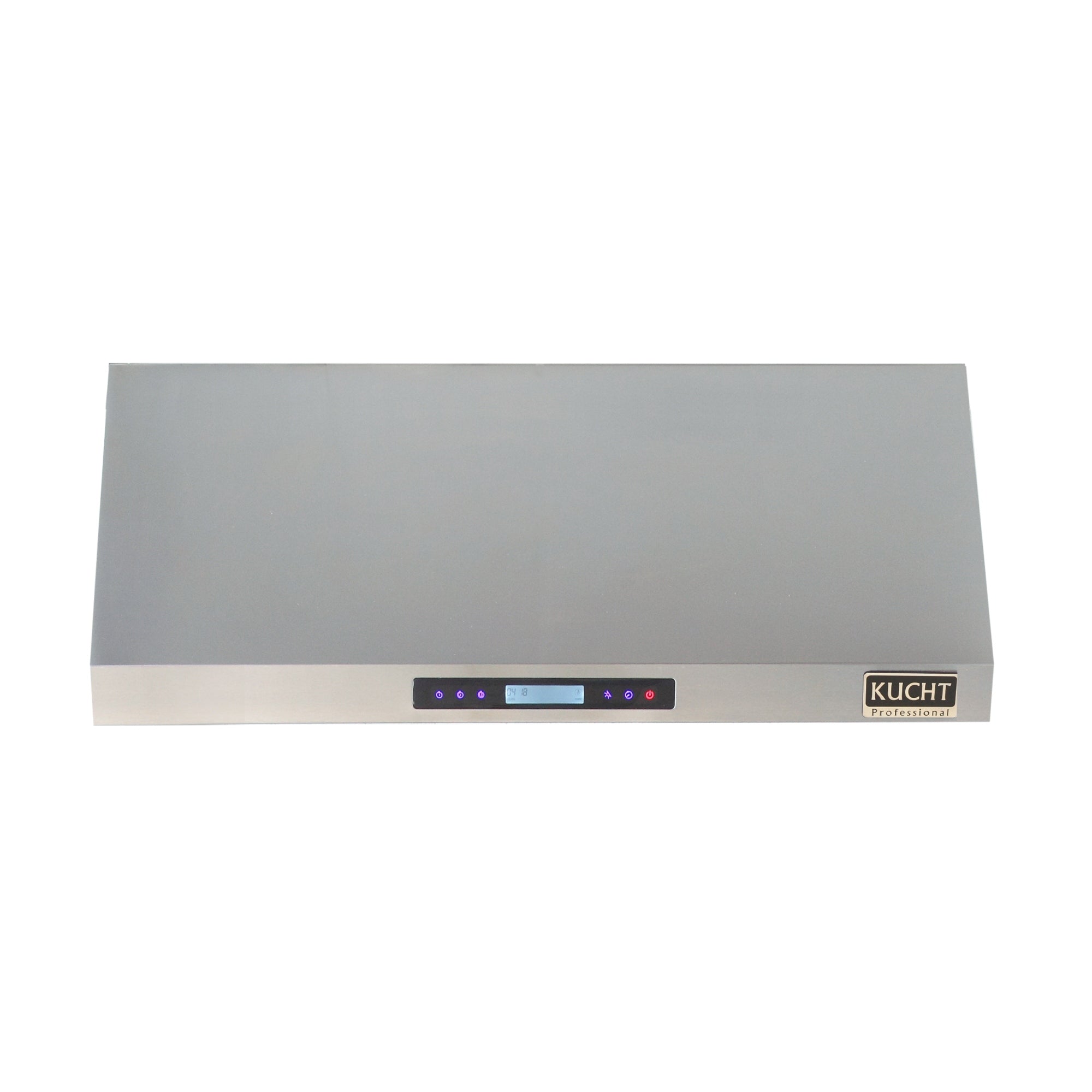 Stainless steel under-cabinet range hood top cover with control buttons and Kucht badge