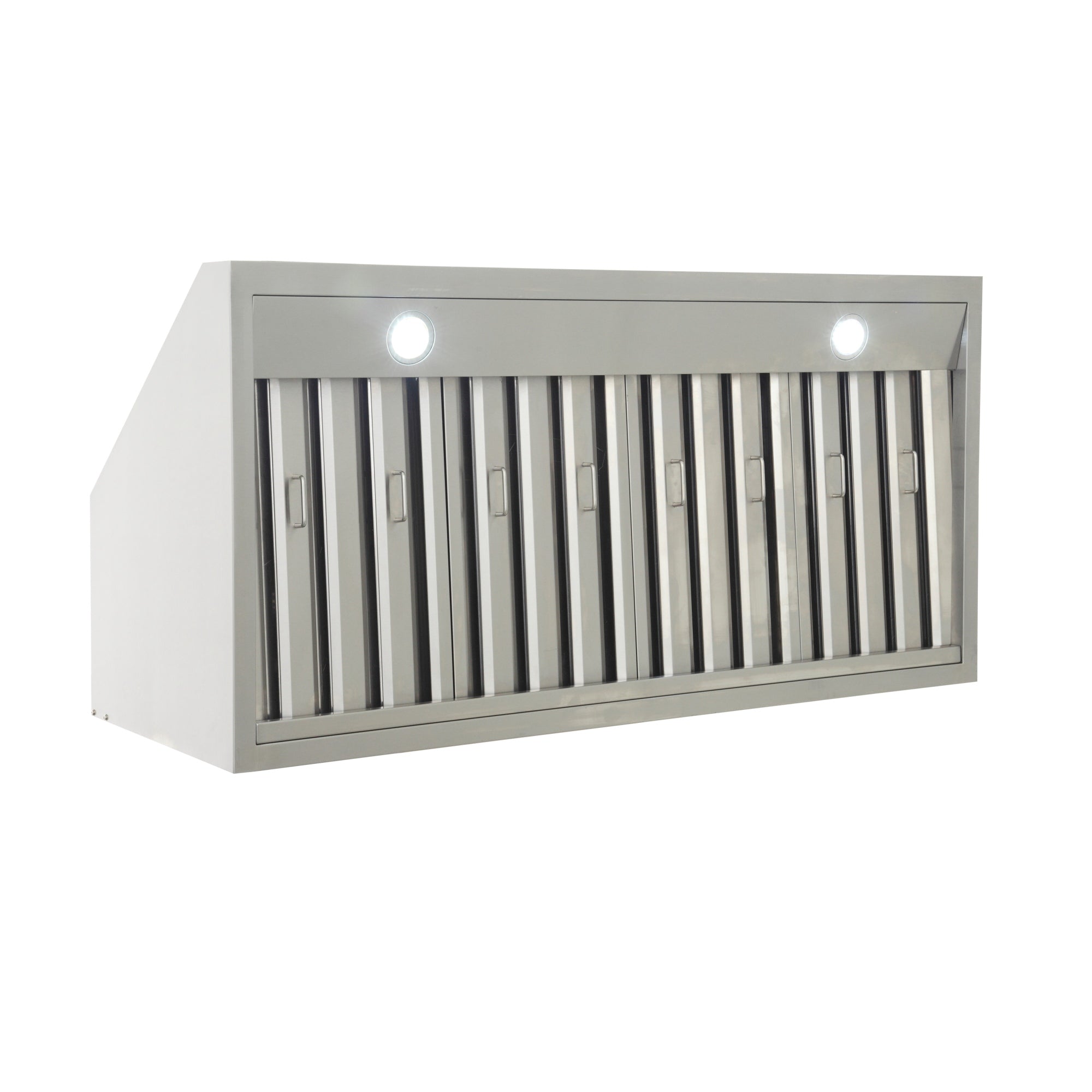 Stainless steel under-cabinet range hood front grille with two round lights