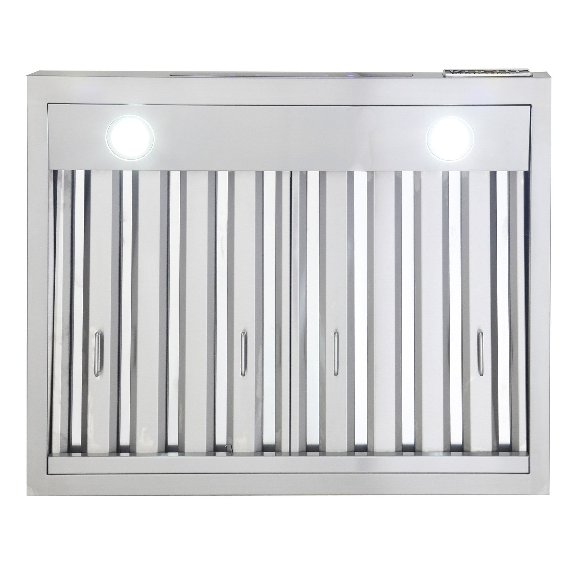 Under-cabinet range hood vent with vertical slats and two round LED lights