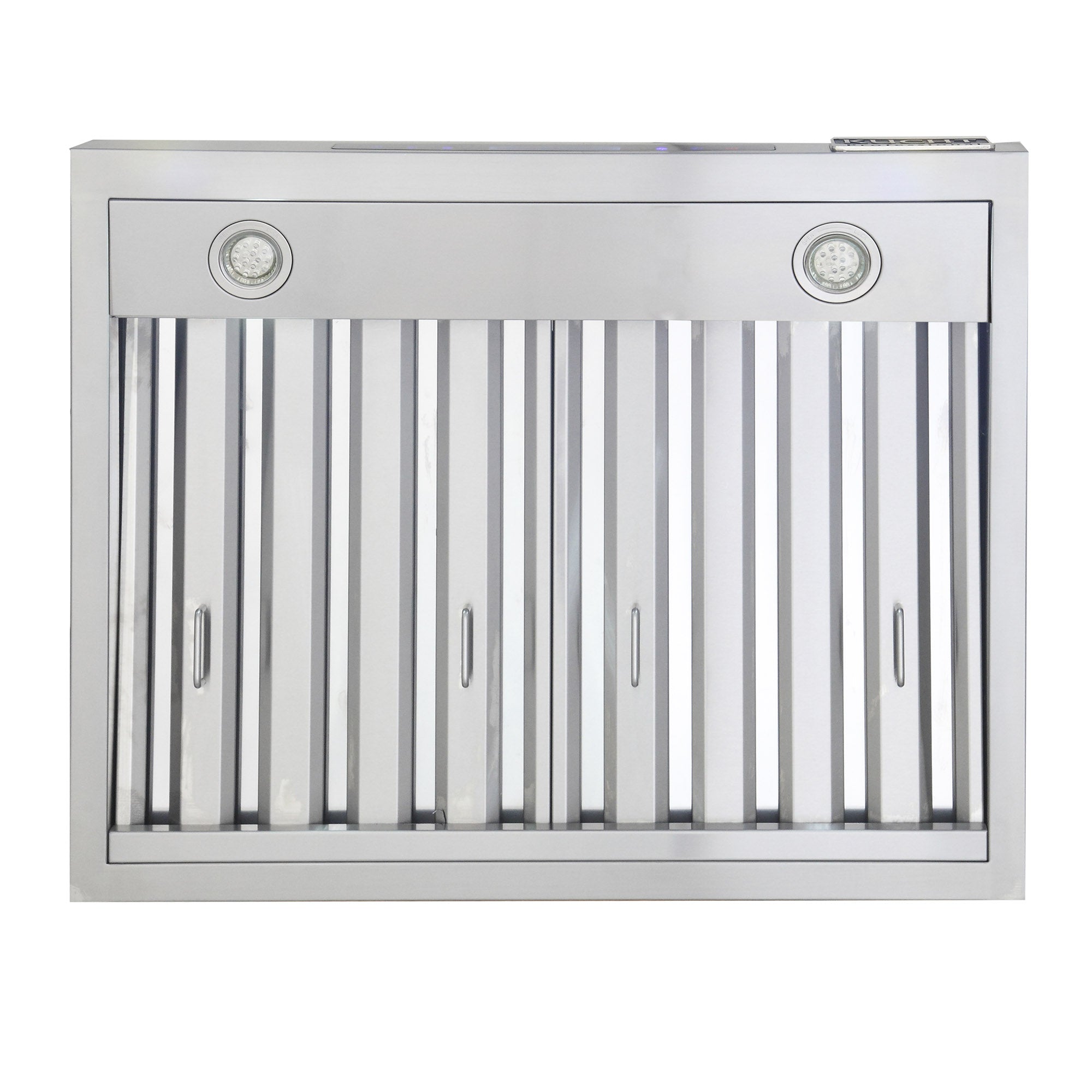 Stainless steel range hood underside with metal filter grille and two circular fan covers