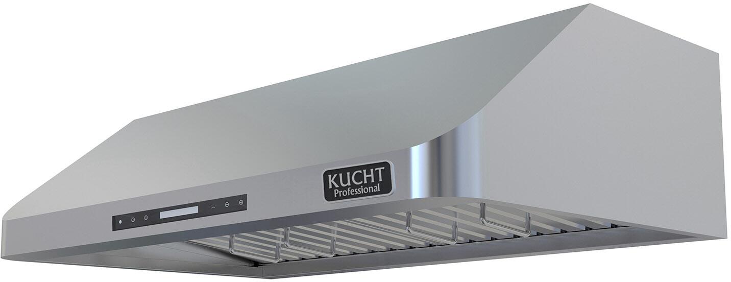 Stainless steel under-cabinet range hood with angled chimney and vented underside
