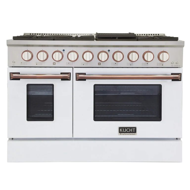 White gas range with convection oven, rose-gold control knobs and metal bar handles.