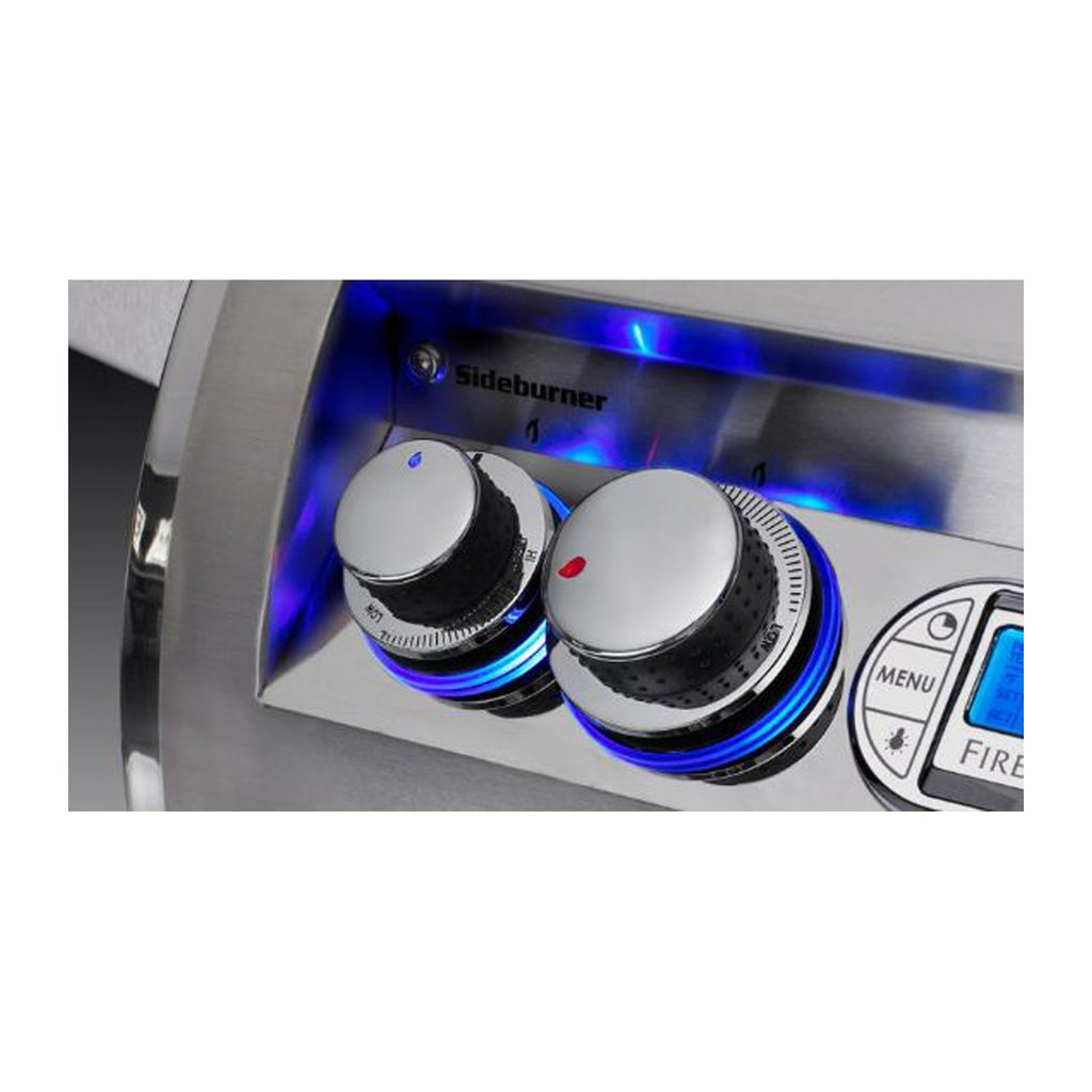Sideburner controls with two knobs and blue flame under the control panel
