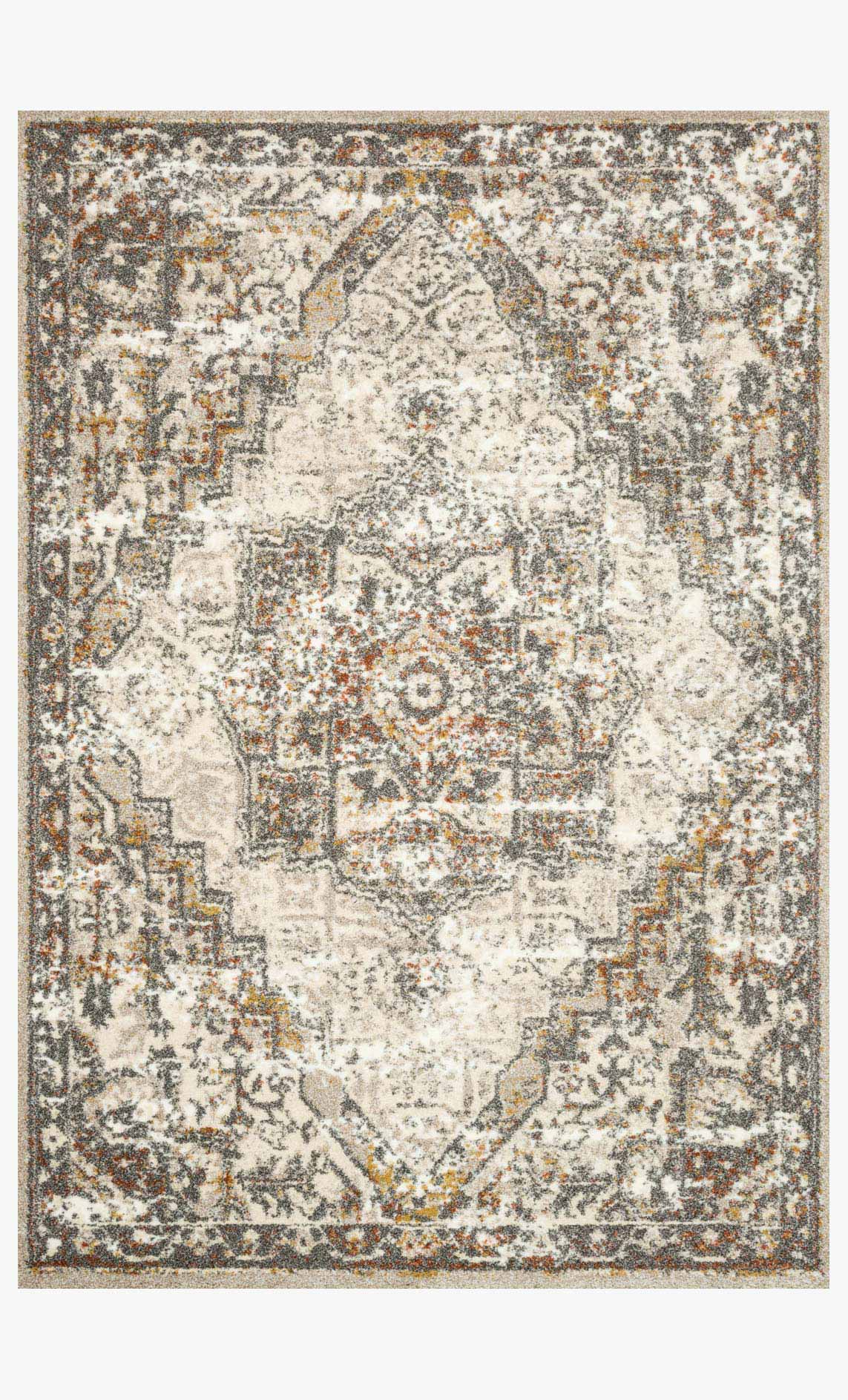 Power-loomed rug in sand and graphite, distressed geometric medallion pattern