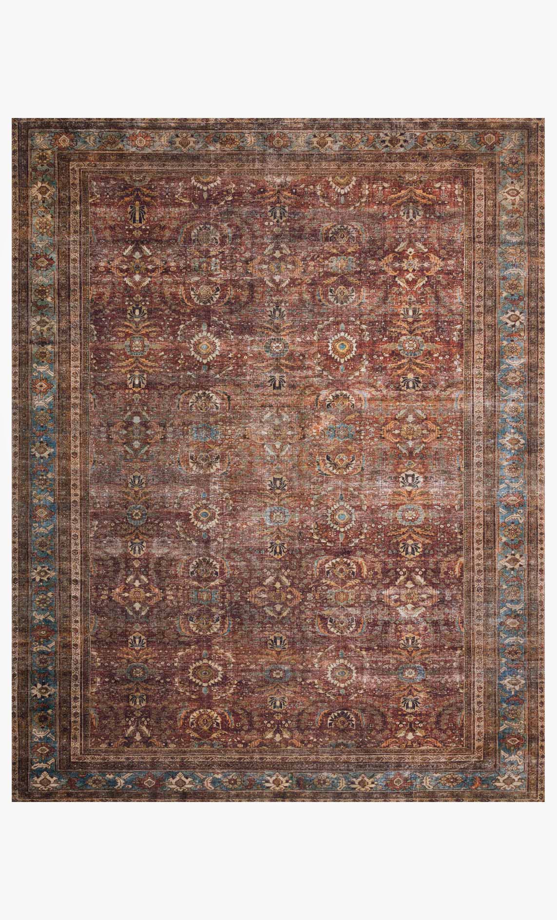 Brick and blue traditional area rug with ornate medallion and border pattern.