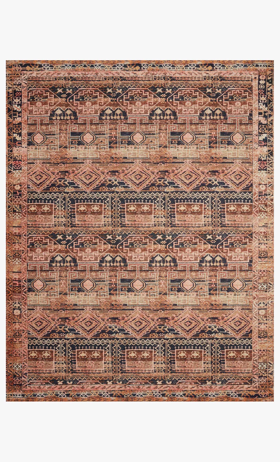 Traditional power-loomed rug in mocha and blush with ornate geometric border and center medallion.