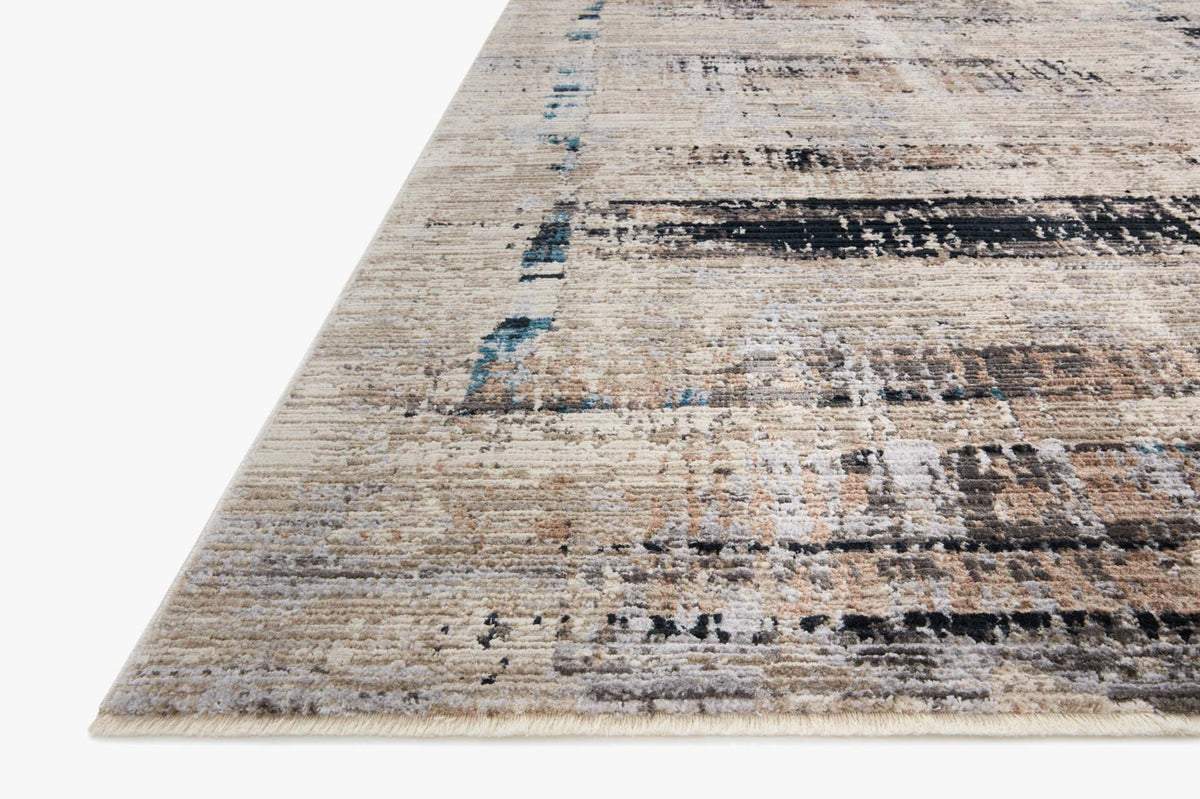 Granite and slate power loomed rug with blue-gray distressed striping and texture