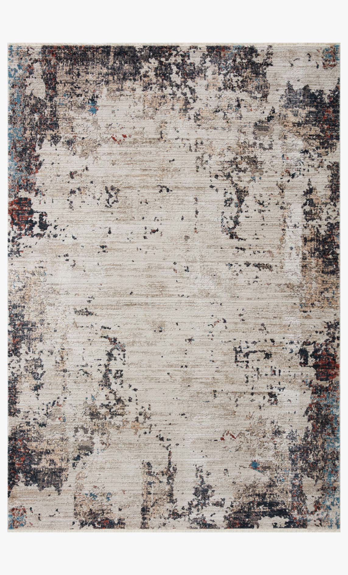 Ivory and charcoal transitional power-loomed rug with abstract distressed pattern, rectangular.