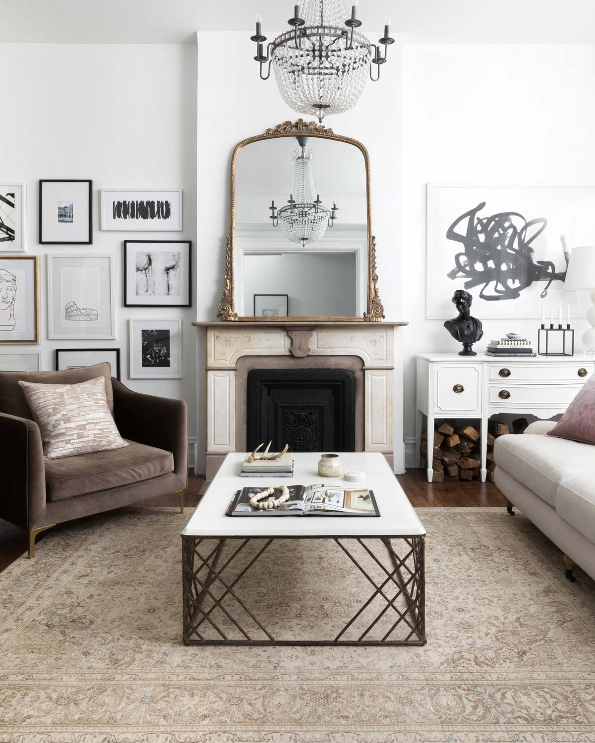 Sand and taupe traditional rug with intricate scrolling motifs and detailed border design