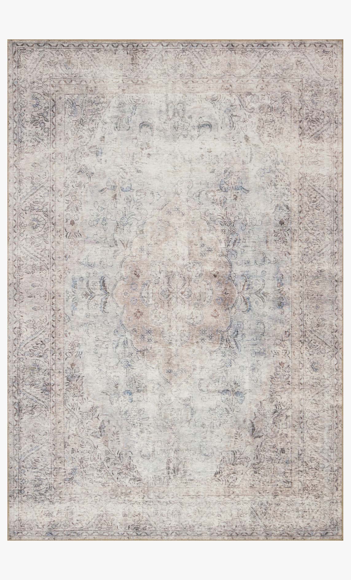 Traditional power-loomed area rug, silver and slate with ornate faded pattern.