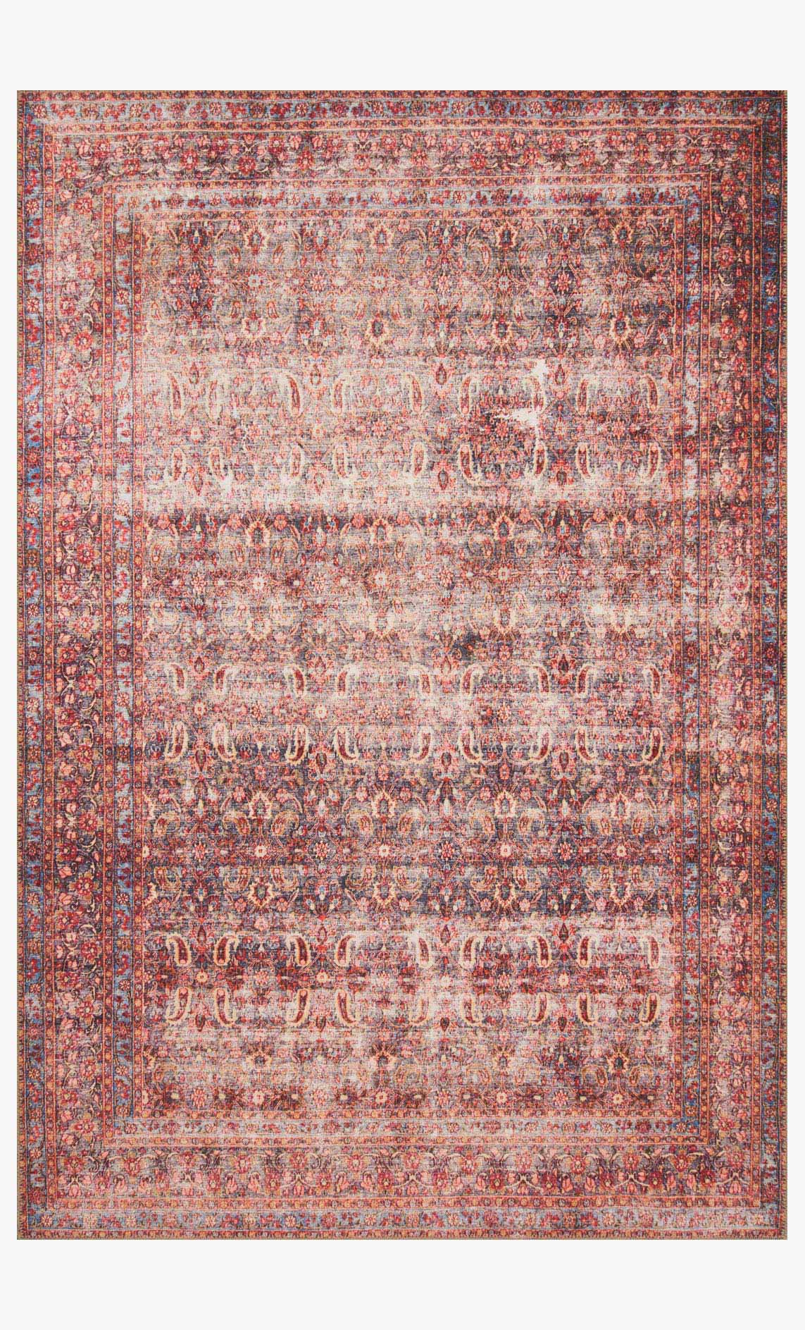 Traditional power-loomed area rug with distressed red and blue medallion pattern