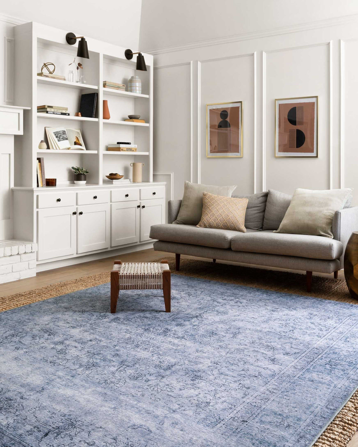 Slate blue traditional area rug with distressed ornamental pattern and border