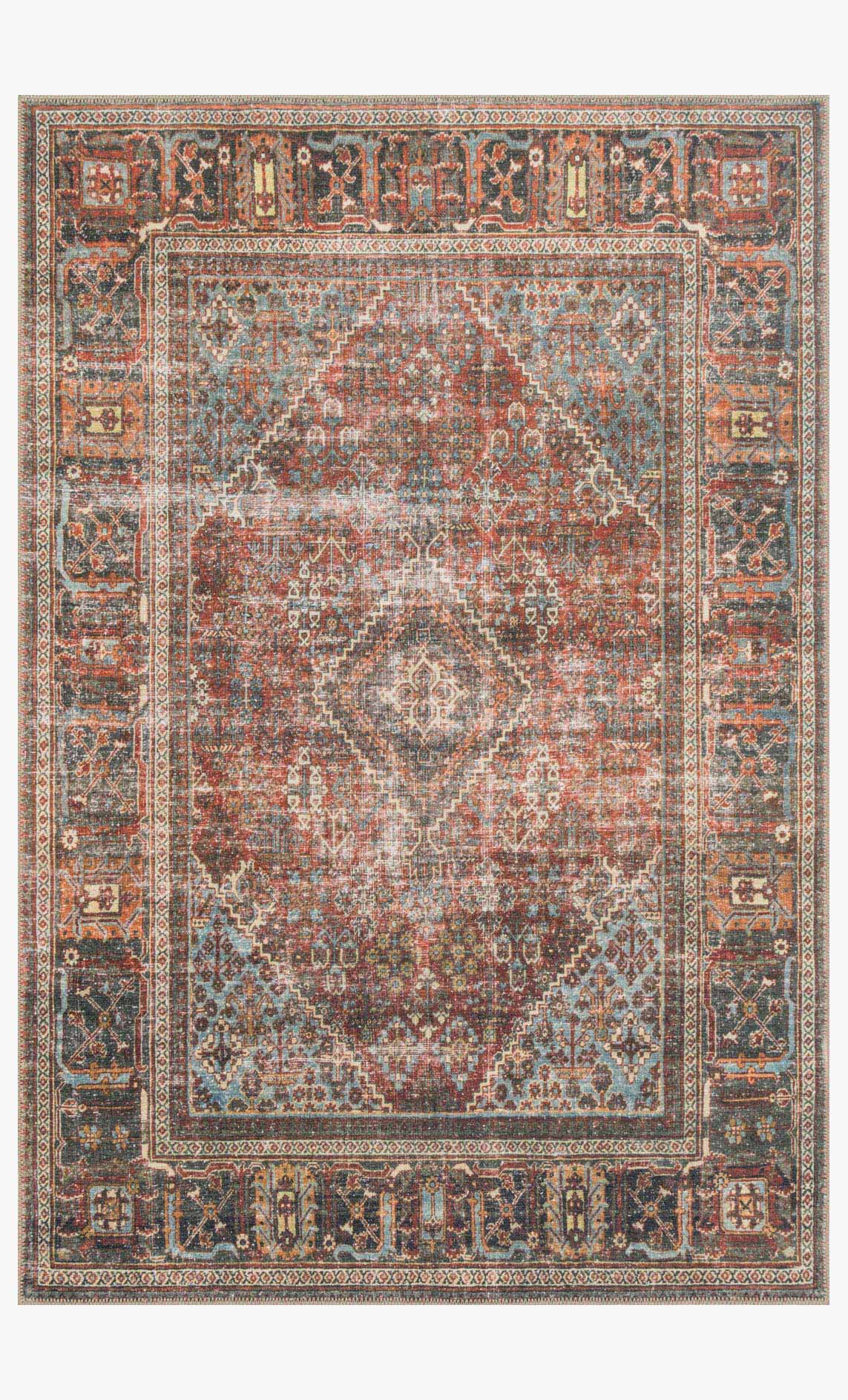 Traditional power-loomed rug with brick, teal, and dark navy medallion border.