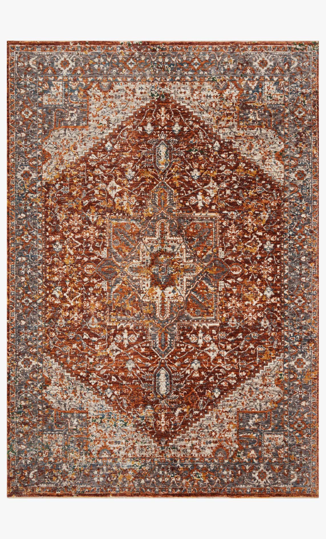 Rust traditional power-loomed rug with ornate medallion and multicolor geometric pattern