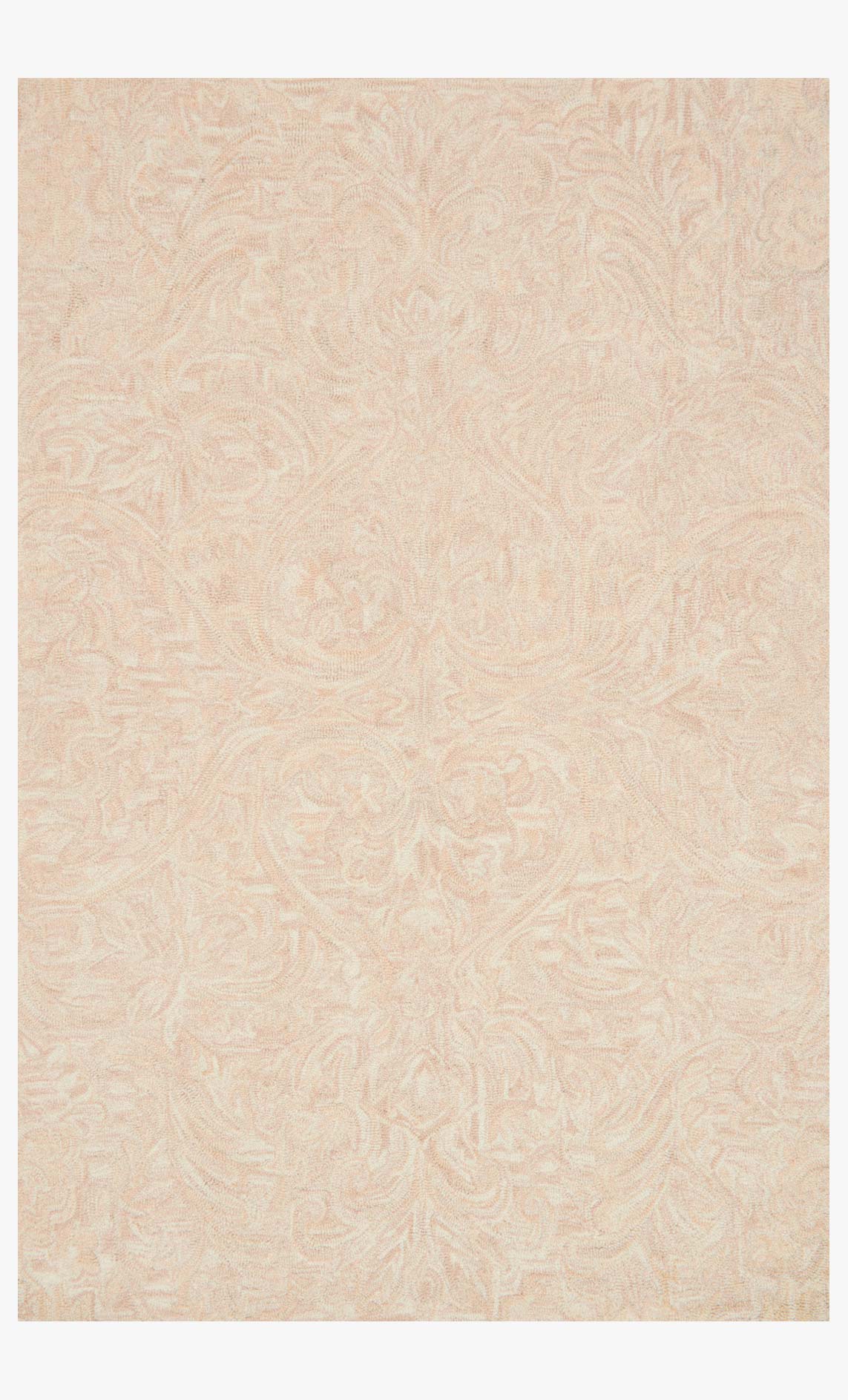 Transitional hooked rug in blush with subtle swirling leaf pattern