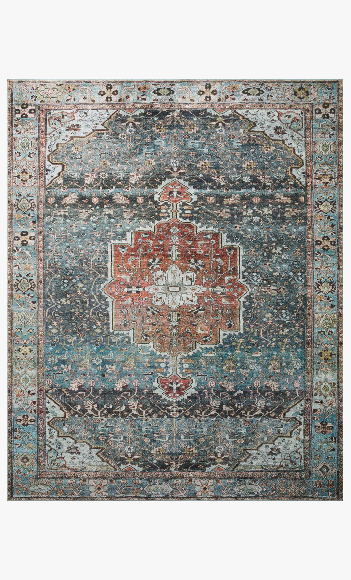 Blue and brick traditional area rug with ornate center medallion and border.