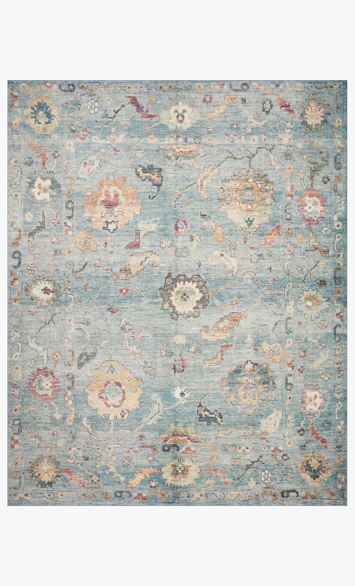Denim blue traditional power-loomed rug with distressed medallion pattern