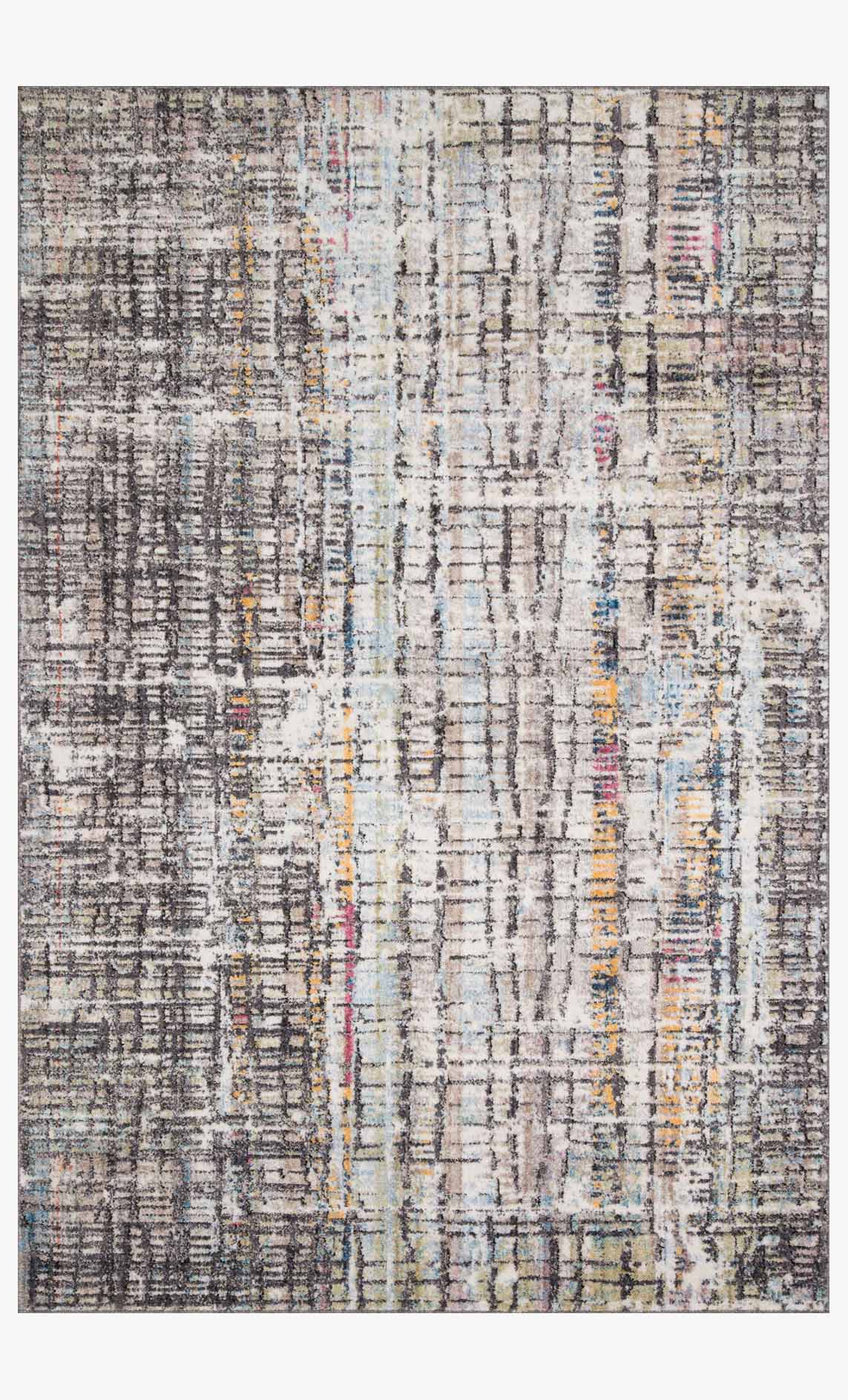 Contemporary power-loomed rug with charcoal, ivory and multicolor abstract grid pattern